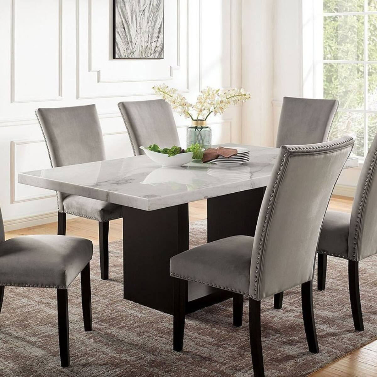 Front. Loheer - Loheer Genuine Marble Dining Table, White Rectangular Six Seater, Solid Wood Base - White and Black.