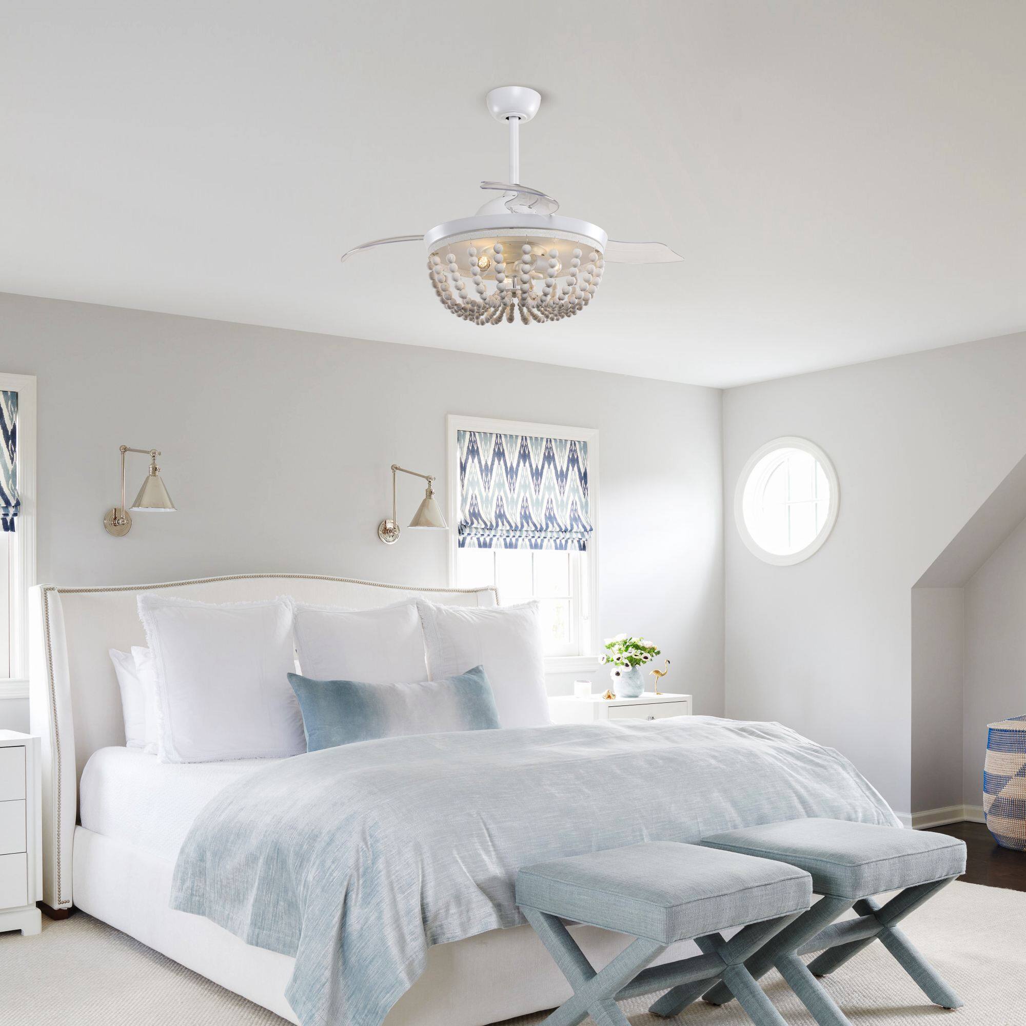 Angle. Parrot Uncle - 42" Farmhouse Wood Beaded Fandelier Ceiling Fan with Remote - Matte White.
