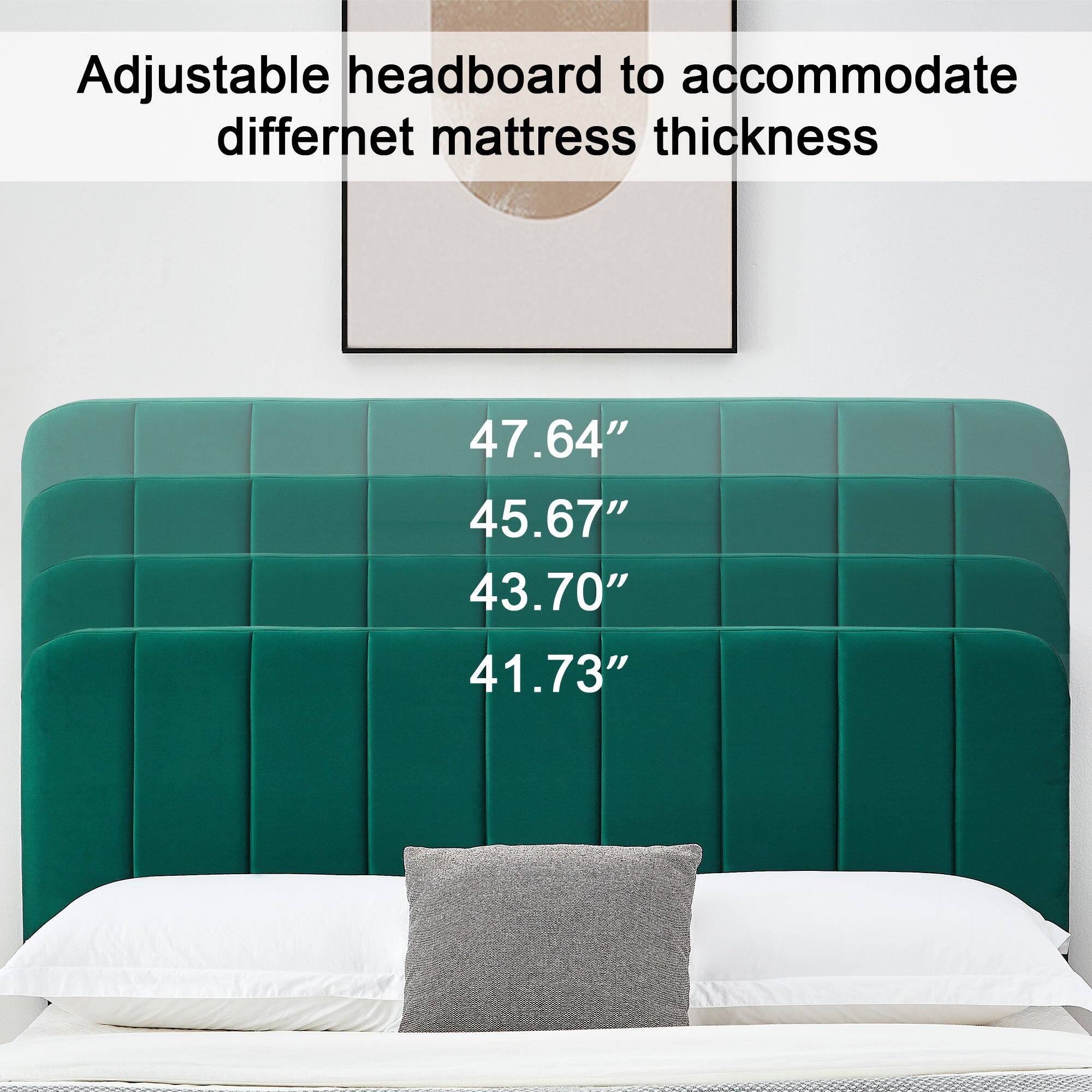 Adjustable headboard to accommodate different mattress thickness

47.64"
45.67"
43.70"
41.73"
