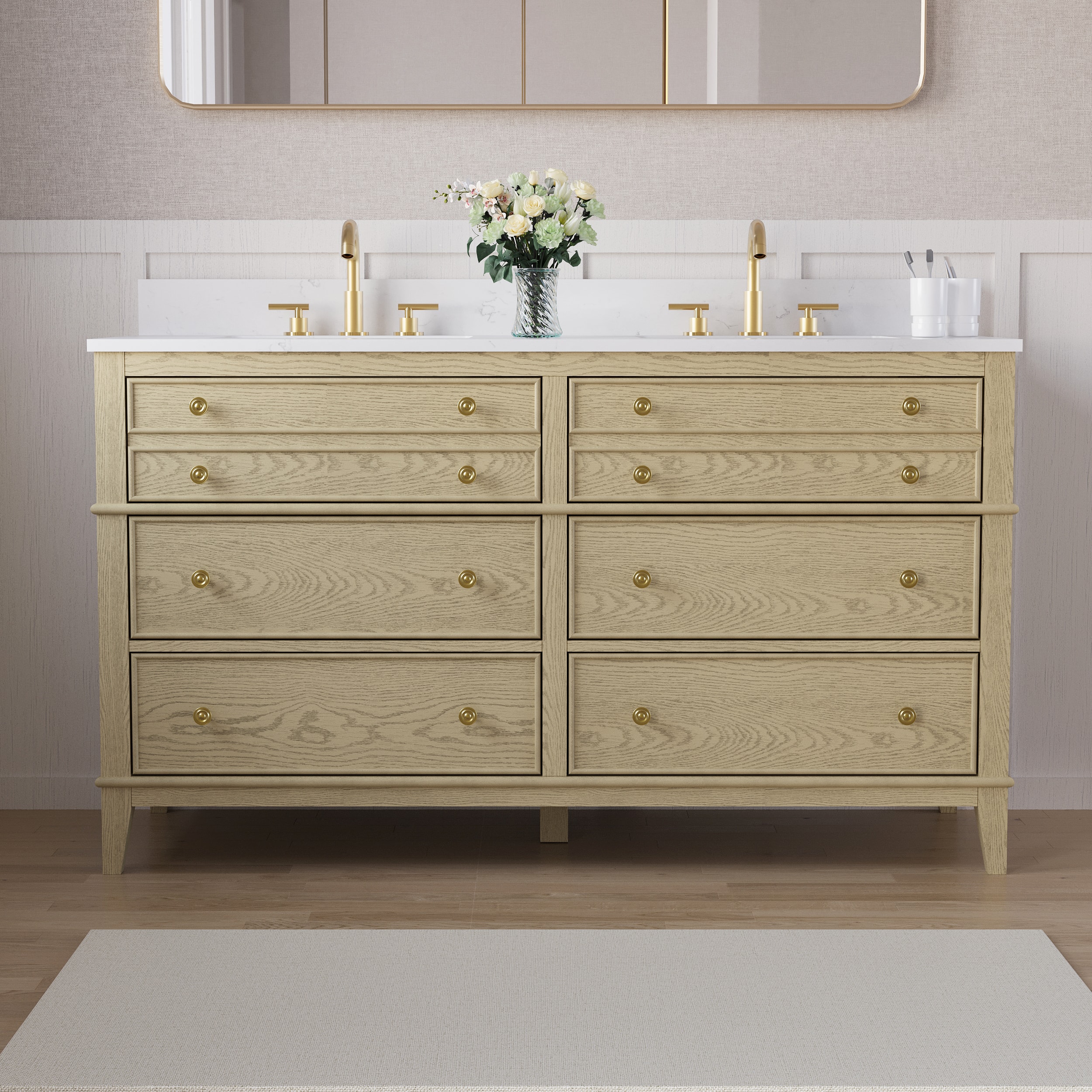 WELLFOR - MEGAN 60 in. Freestanding Solid Wood Bath Vanity with Quartz Top, Double Sink, Soft Close, Assembled - OAK