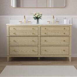 WELLFOR - MEGAN 60 in. Freestanding Solid Wood Bath Vanity with Quartz Top, Double Sink, Soft Close, Assembled - OAK