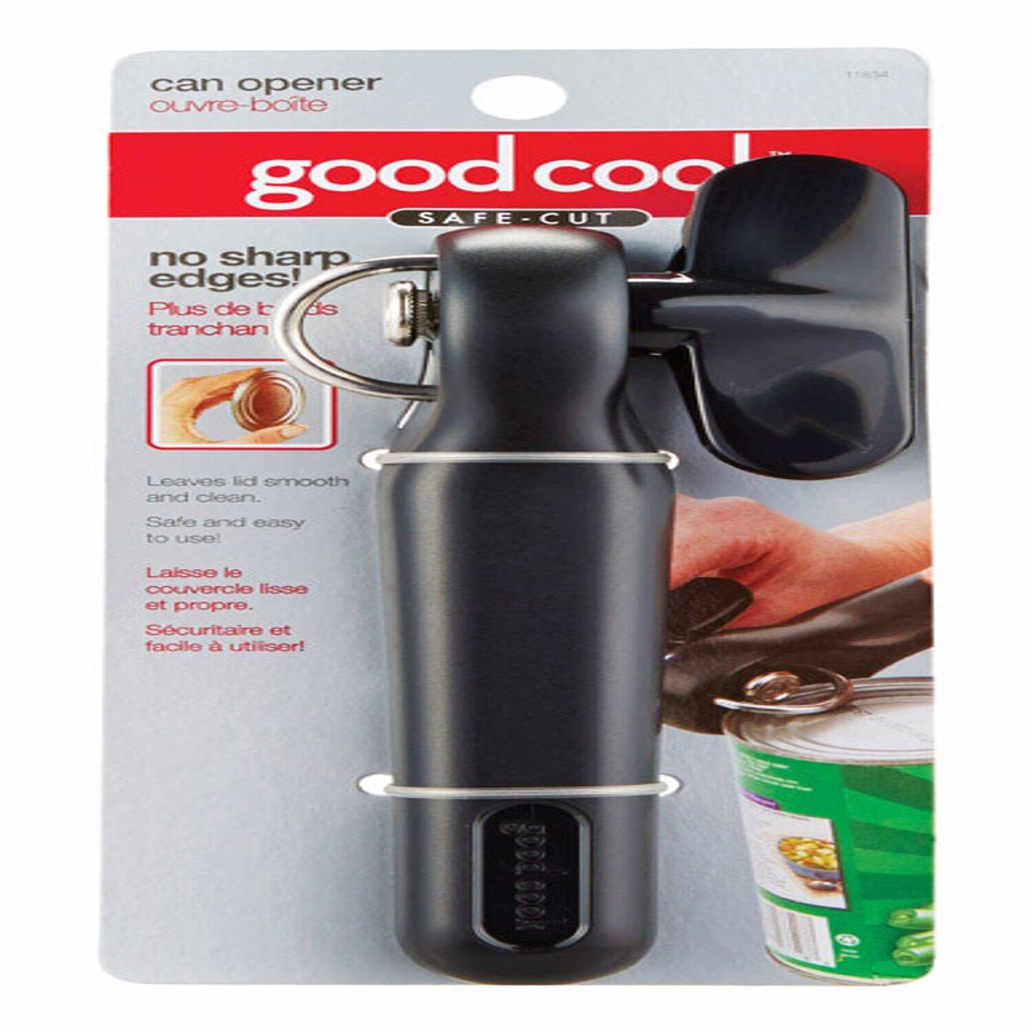 can opener ouvre-bote good cool SAFE-CUT no sharp edges! Plus de b ds tranchan

11834

Leaves lid smooth and clean.
Safe and easy to use!
Laisse le couvercle lisse et propre. Scuritaire et facile à utiliser!