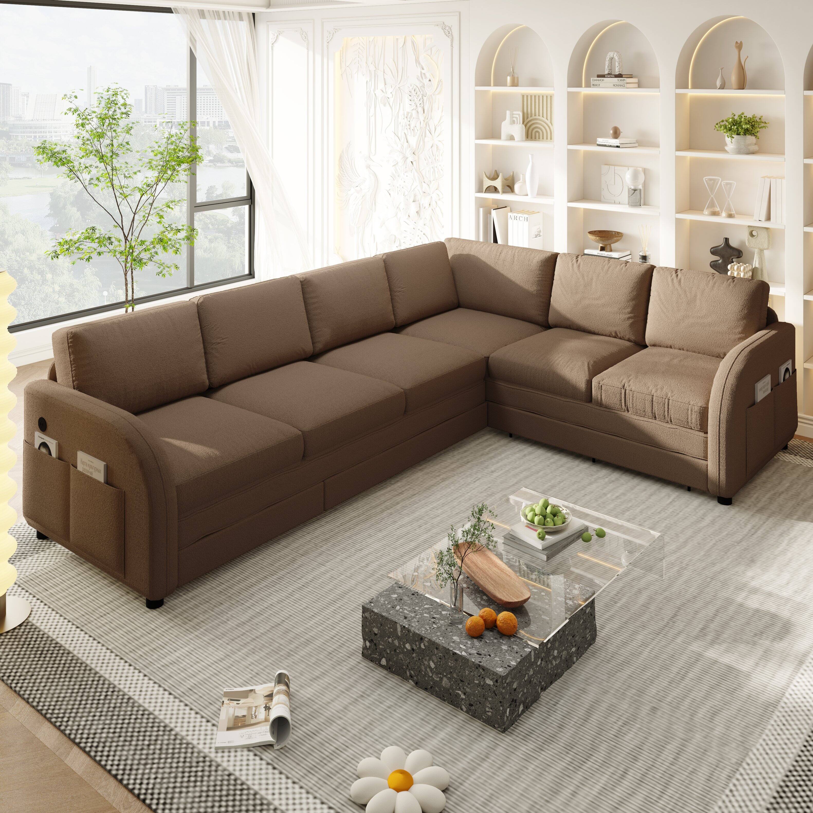 Angle. Anysun - 115.2" L-Shaped Sofa w Pull-Out Bed, USB & Pocket, Sherpa Fleece, L/R Facing - Brown.