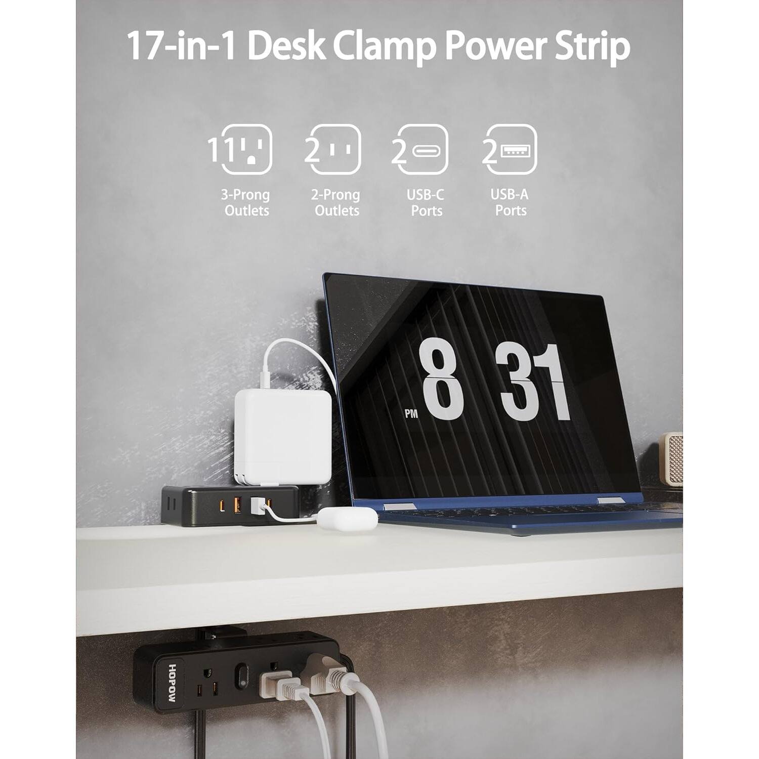 17-in-1 Desk Clamp Power Strip, 11, 2, 2, 3-Prong Outlets, 2-Prong Outlets, USB-C Ports, USB-A Ports, PM 8 31, L HOPOW