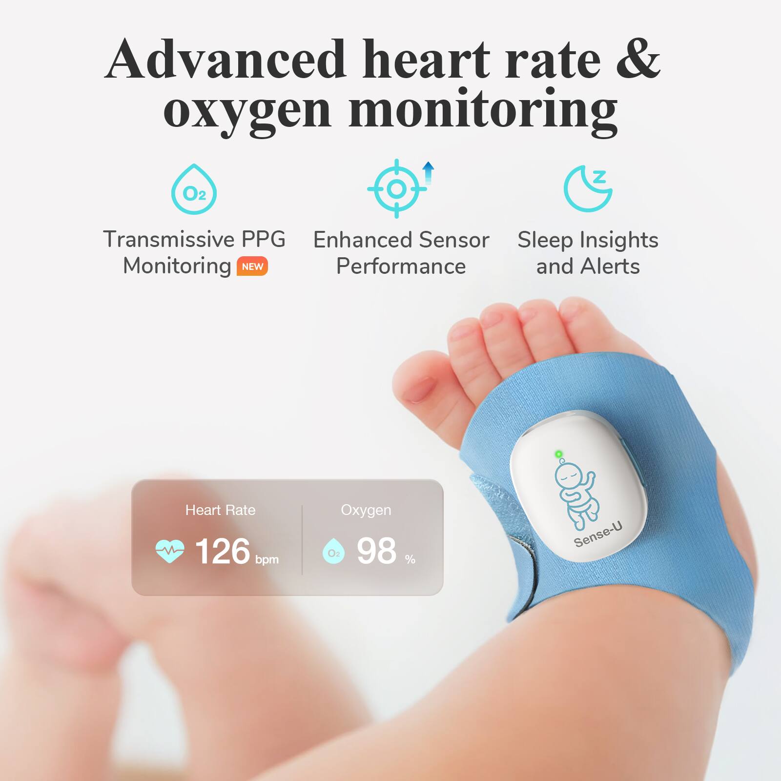 Advanced heart rate & oxygen monitoring

- Transmissive PPG Monitoring NEW
- Enhanced Sensor Performance
- Sleep Insights and Alerts

Heart Rate: 126 bpm
Oxygen: 98 %

Sense-U
