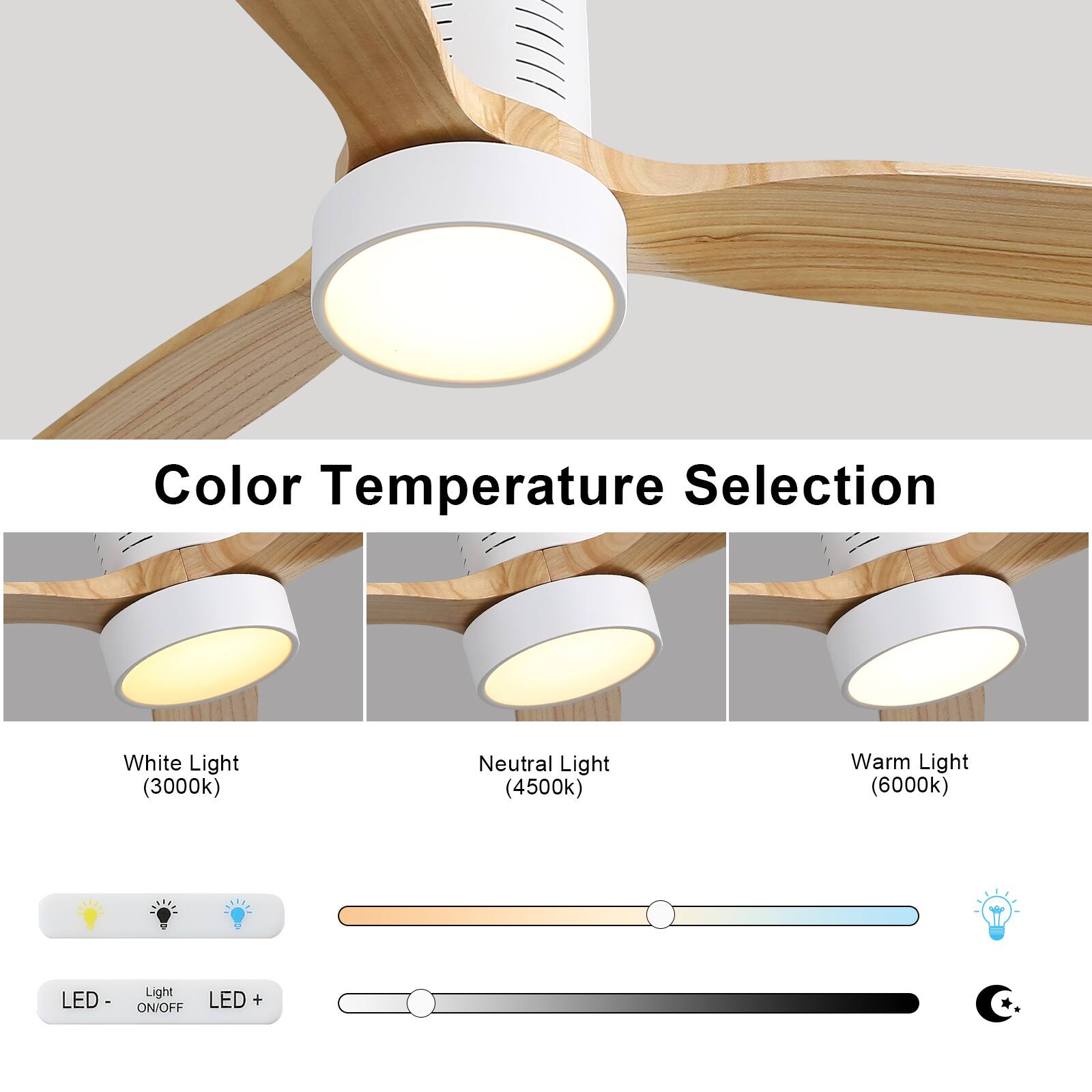 Color Temperature Selection

White Light (3000k)

Neutral Light (4500k)

Warm Light (6000k)

LED - Light ON/OFF LED +