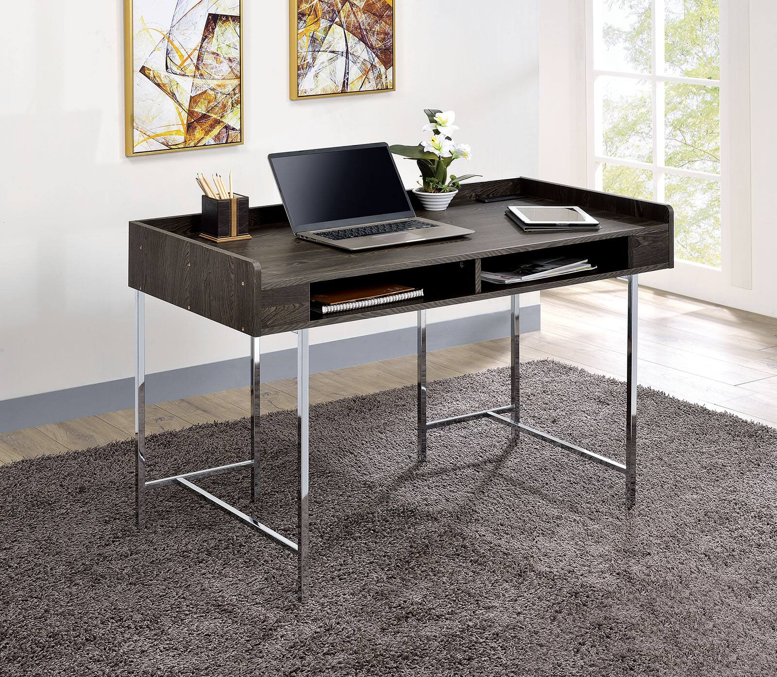 Angle. APRILSOUL - Modern Contemporary USB Supported Computer Desk With Drawer Space Providing Storage Wood And Steel Construction - Brown,Chrome.