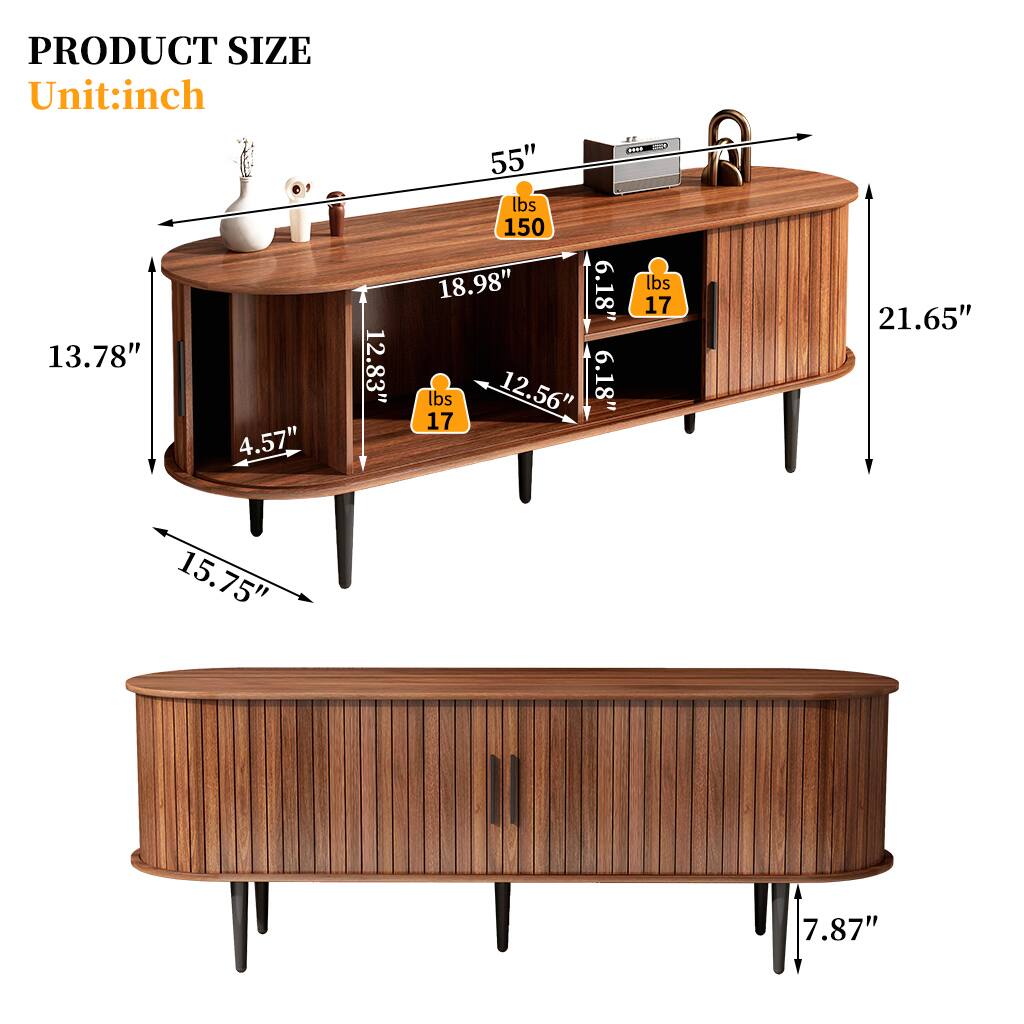 PRODUCT SIZE  
Unit: inch  

- Length: 55"  
- Width: 21.65"  
- Height: 15.75"  
- Depth: 13.78"  
- Drawer Height: 4.57"  
- Drawer Width: 18.98"  
- Drawer Depth: 12.83"  
- Shelf Height: 6.18"  
- Shelf Width: 12.56"  
- Shelf Depth: 6.18"  
- Weight Capacity: 150 lbs (top shelf), 17 lbs (drawers)