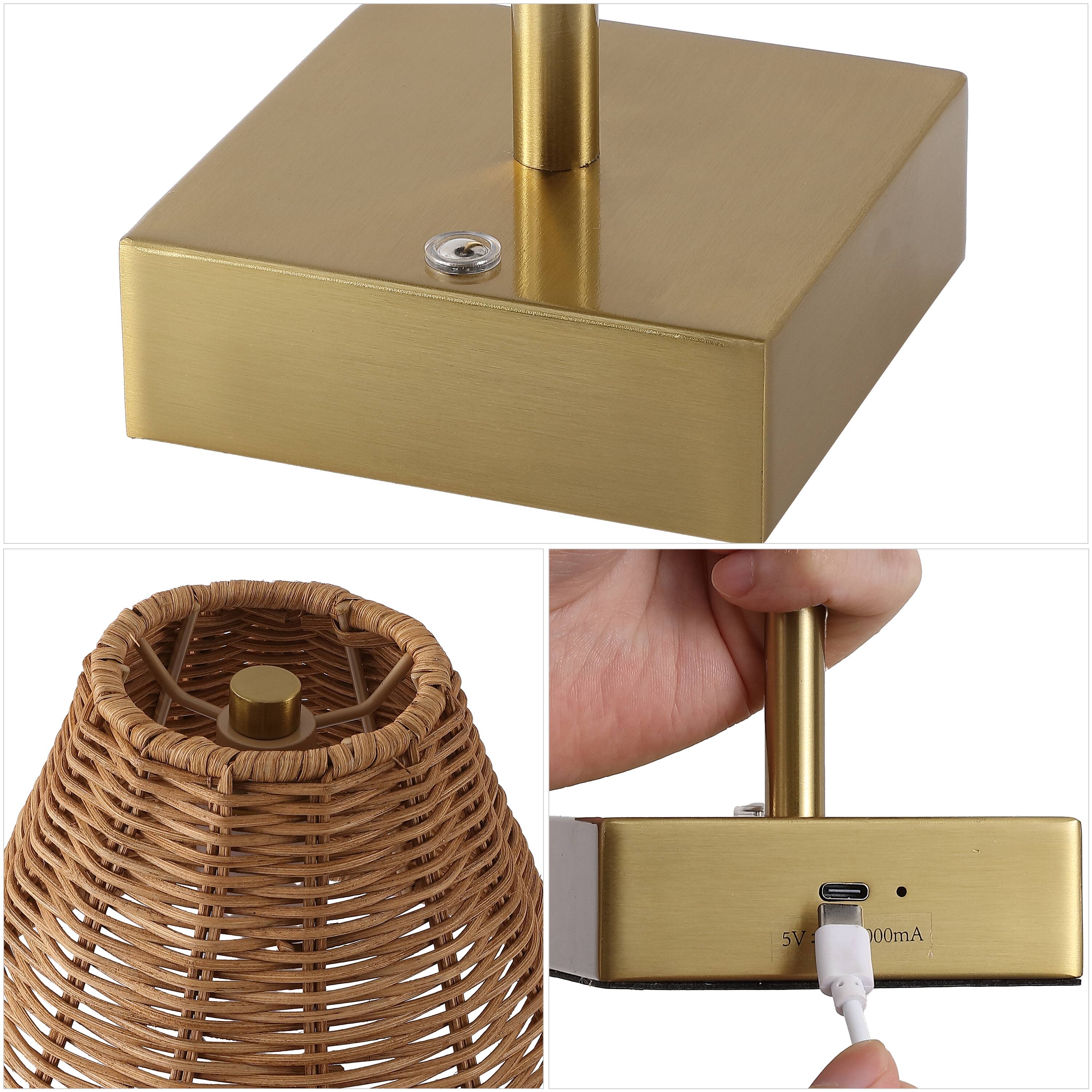 Alt View 4. Jonathan Y - Chester 11.25" Rechargeable Table Lamp Set of 2, Bohemian Brass Gold with Brown Rattan Shade, Touch Dimmable for Bedroom - Brass Gold.