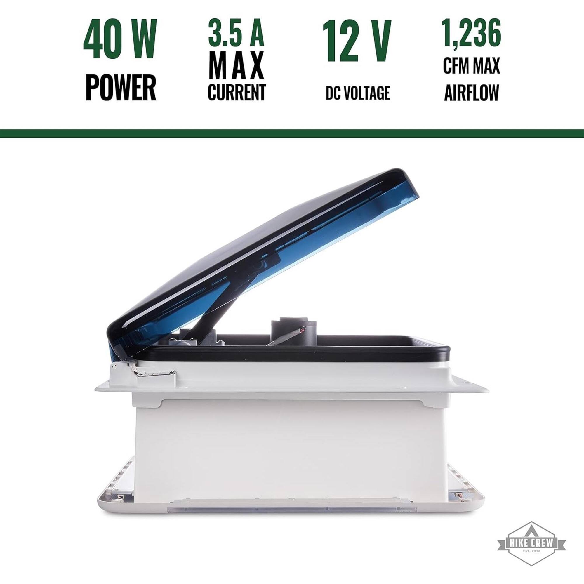 40 W POWER
3.5 A MAX CURRENT
12 V DC VOLTAGE
1,236 CFM MAX AIRFLOW
HIKE CREW