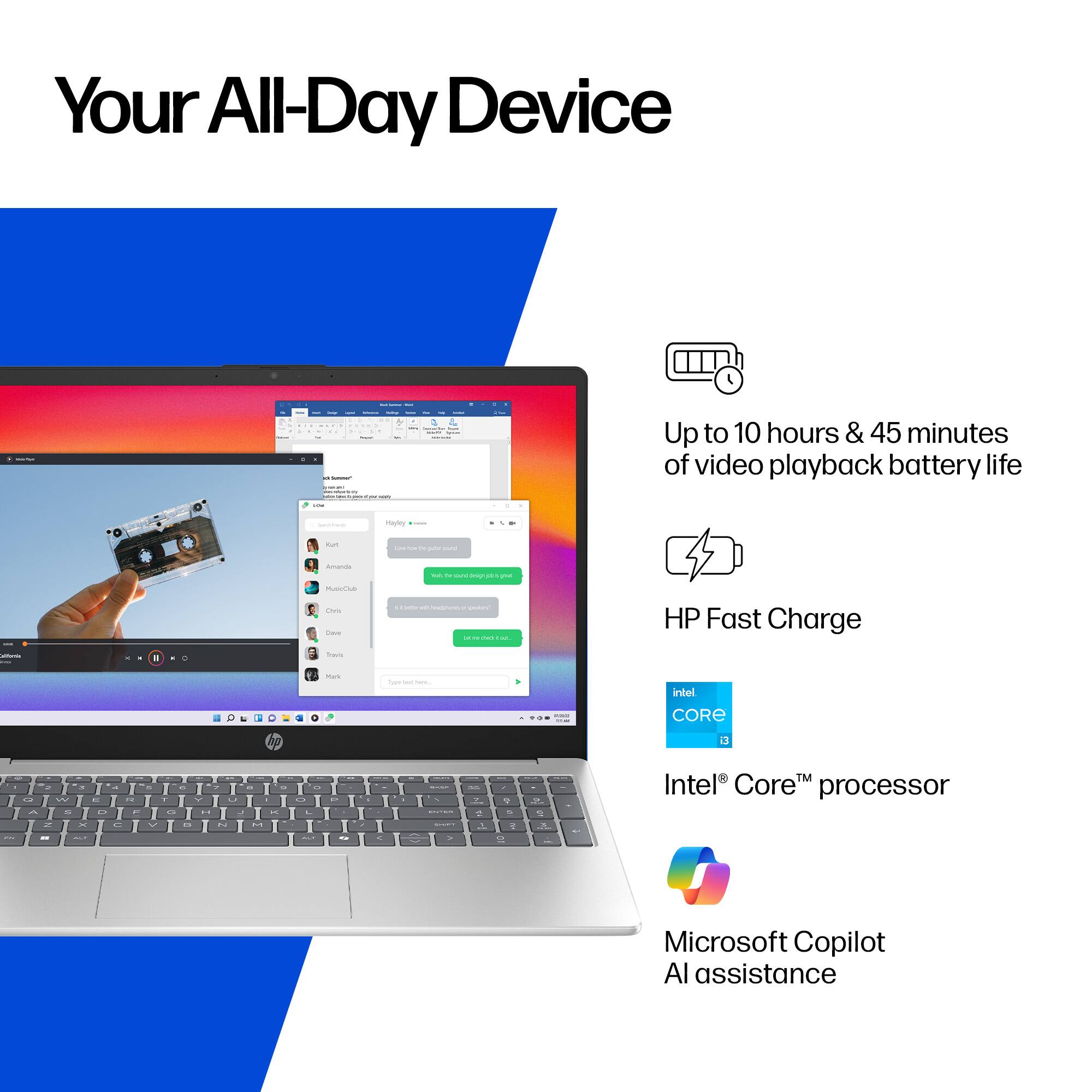 Your All-Day Device

- Up to 10 hours & 45 minutes of video playback battery life
- HP Fast Charge
- Intel® Core™ processor
- Microsoft Copilot AI assistance