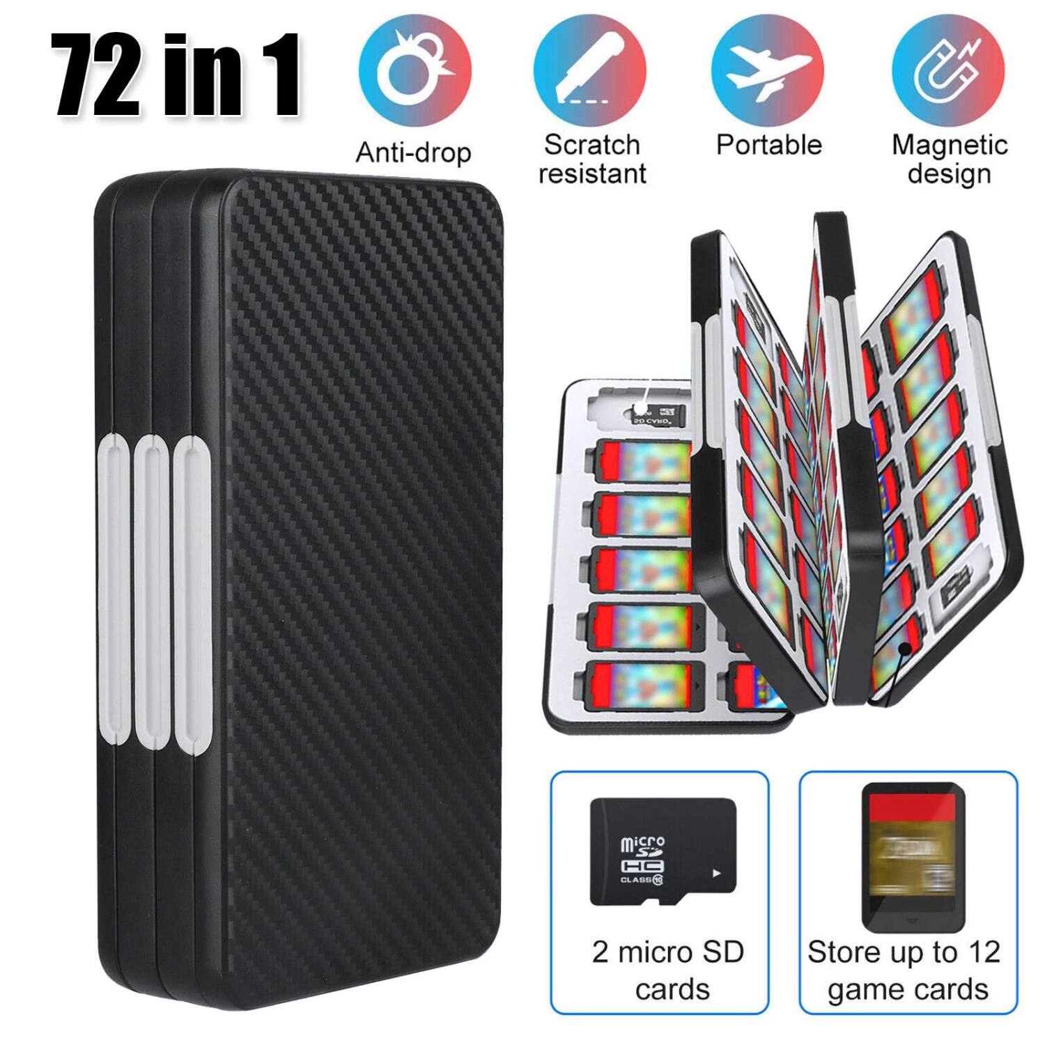 72 in 1

- Anti-drop
- Scratch resistant
- Portable
- Magnetic design

2 micro SD cards

Store up to 12 game cards