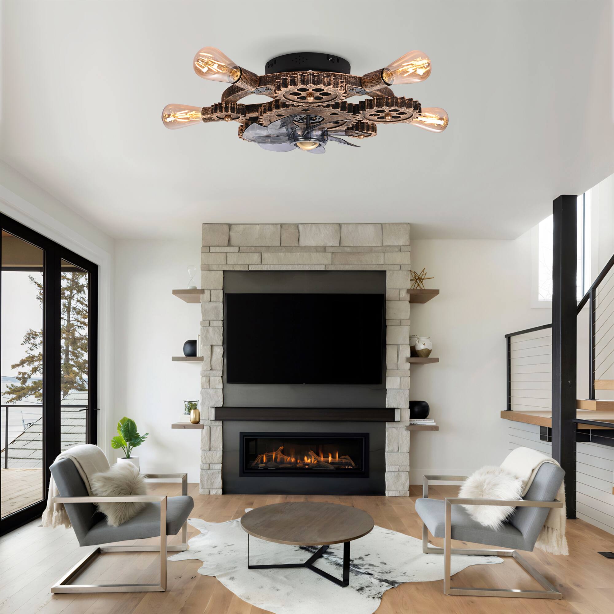 Left. GOODSILO - 19.6" Farmhouse Caged Ceiling Fan with Light & Remote, 7 Blades, Industrial Retro (Bulbs Not Included) - Bronze.