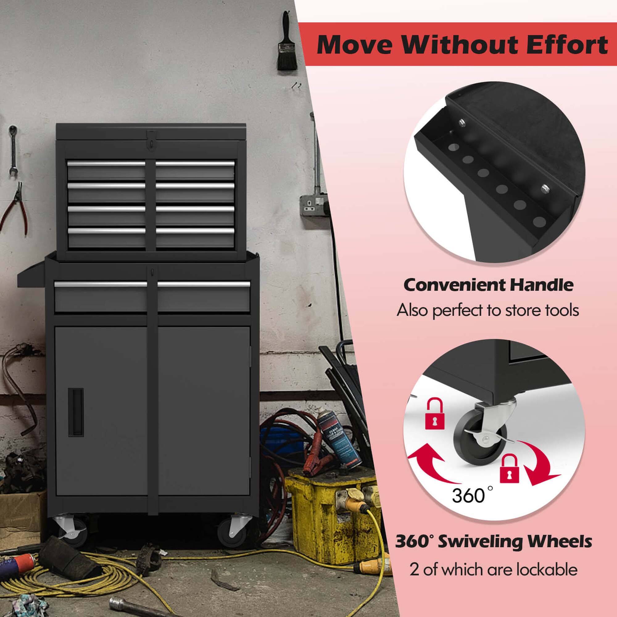 Move Without Effort

Convenient Handle  
Also perfect to store tools

360° Swiveling Wheels  
2 of which are lockable