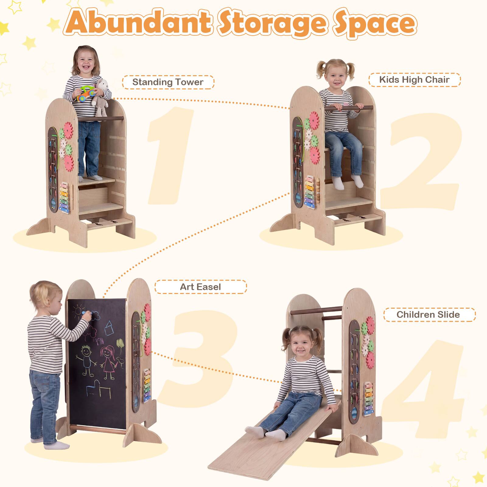 Abundant Storage Space

1. Standing Tower
2. Kids High Chair
3. Art Easel
4. Children Slide
