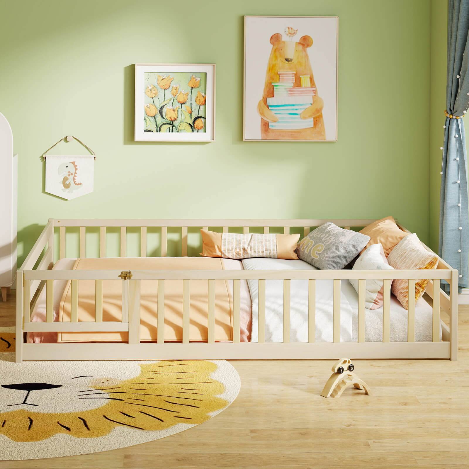 Alt View 4. Costway - Costway Full Size Floor Bed with Full Length Safety Guardrails & Door for Boys, Girls - Natural.