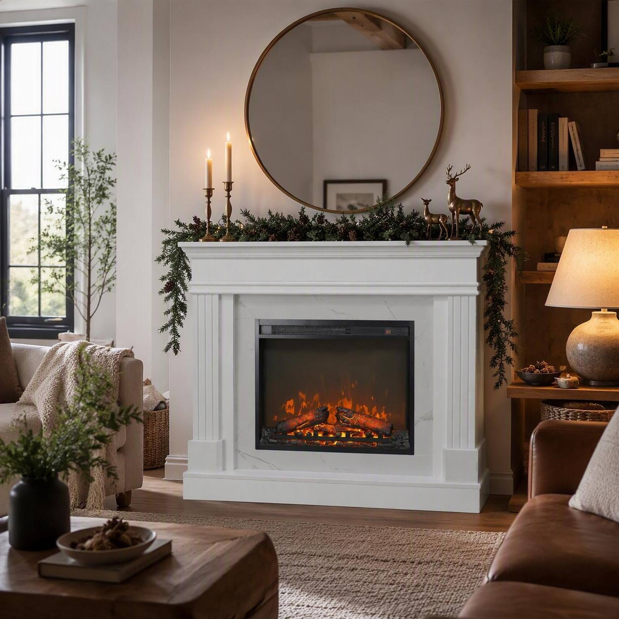 Left. RYHNUYNE - 44 Inch Electric Fireplace With Mantel 23 Inch Insert Heater, Realistic Log Flame Remote Timer For Living Room Bedroom - Jasmine White.