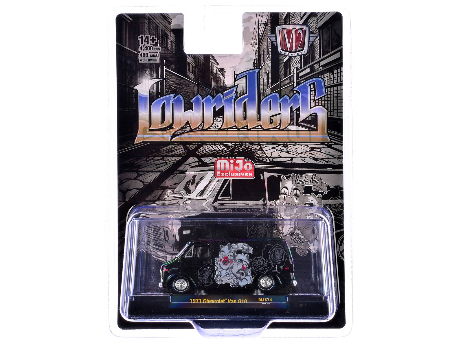 14+  
4,400  
400 CH  
WORLDWIDE  

M2  
MACHINES  

LowriderB  

MiJo  
Exclusives  

1971 Chevrolet Van G10  
MJS74  

Smile  
Tate