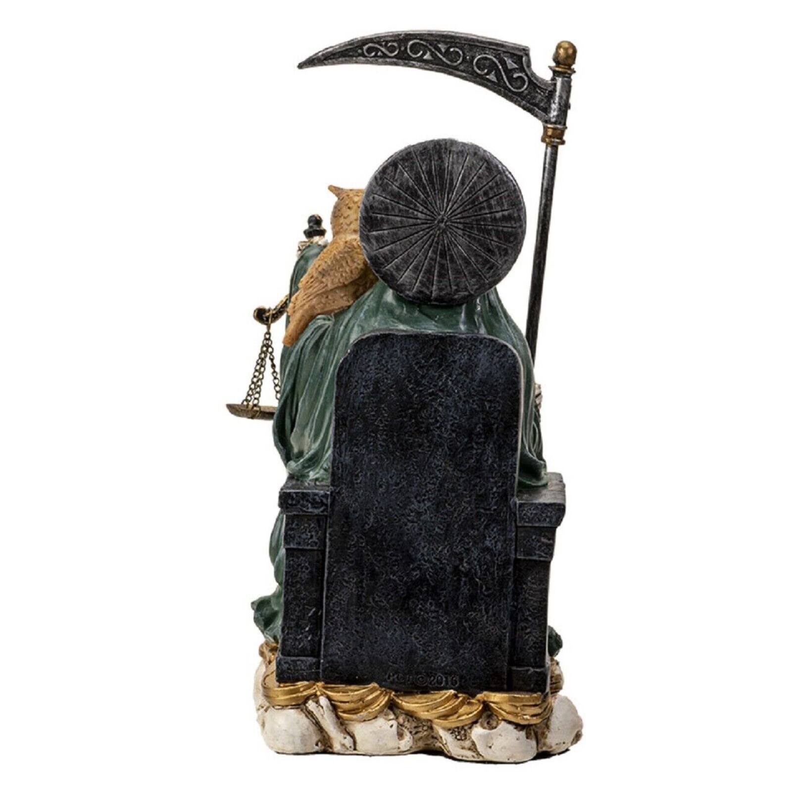 Angle. Pacific Trading - Sitting Santa Muerte inGreen Gown with Owl and Scale Figurine Death 9 Inch.