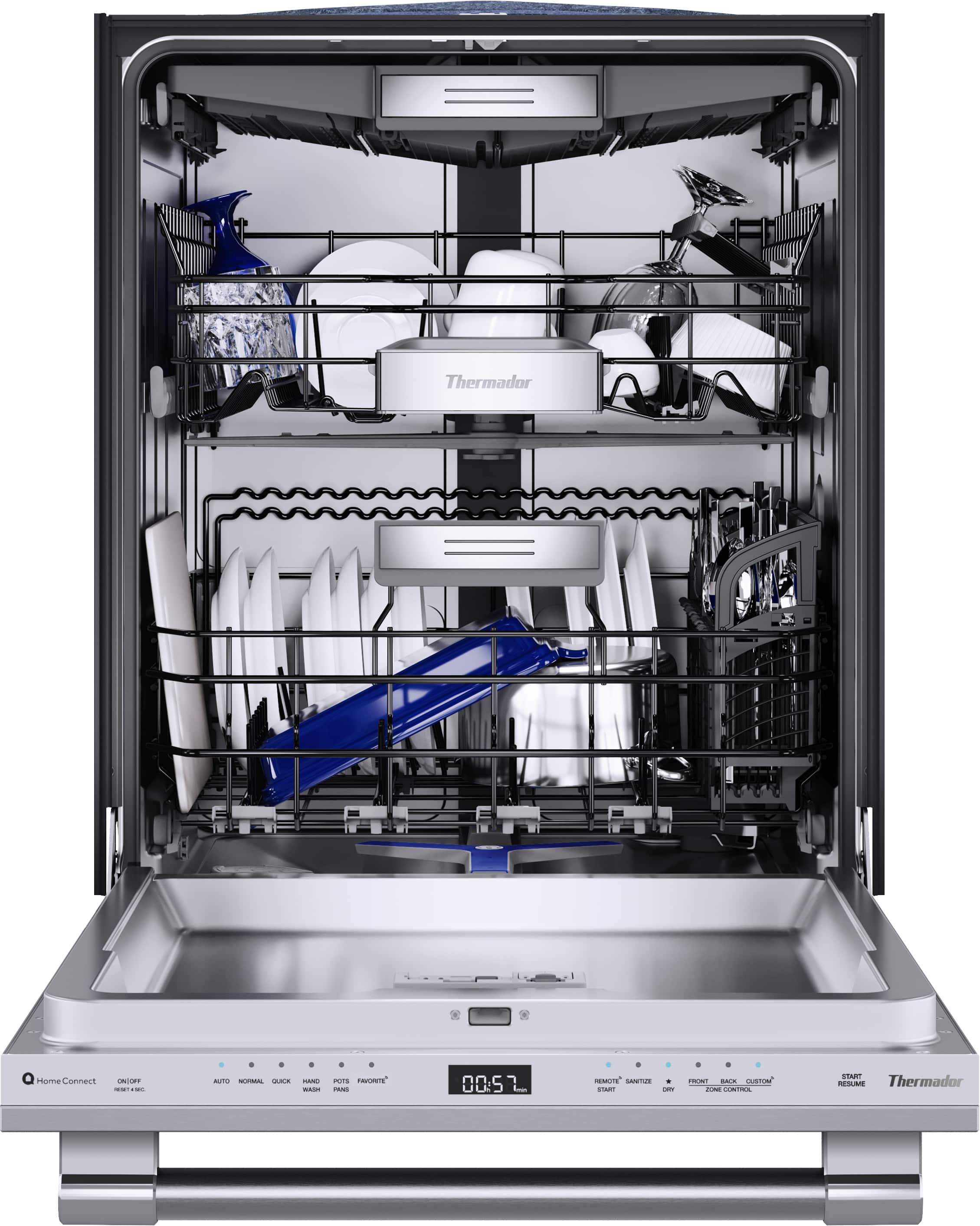 Thermador is a home appliance brand that offers a variety of products, including ovens and dishwashers. The image features a Thermador dishwasher with a silver and black color scheme. The dishwasher is open, revealing a rack full of dishes, including cups, bowls, and knives. The dishwasher is equipped with a Home Connect system, which allows users to control and monitor the appliance remotely. This modern and efficient appliance is designed to make cleaning up after meals more convenient and environmentally friendly.