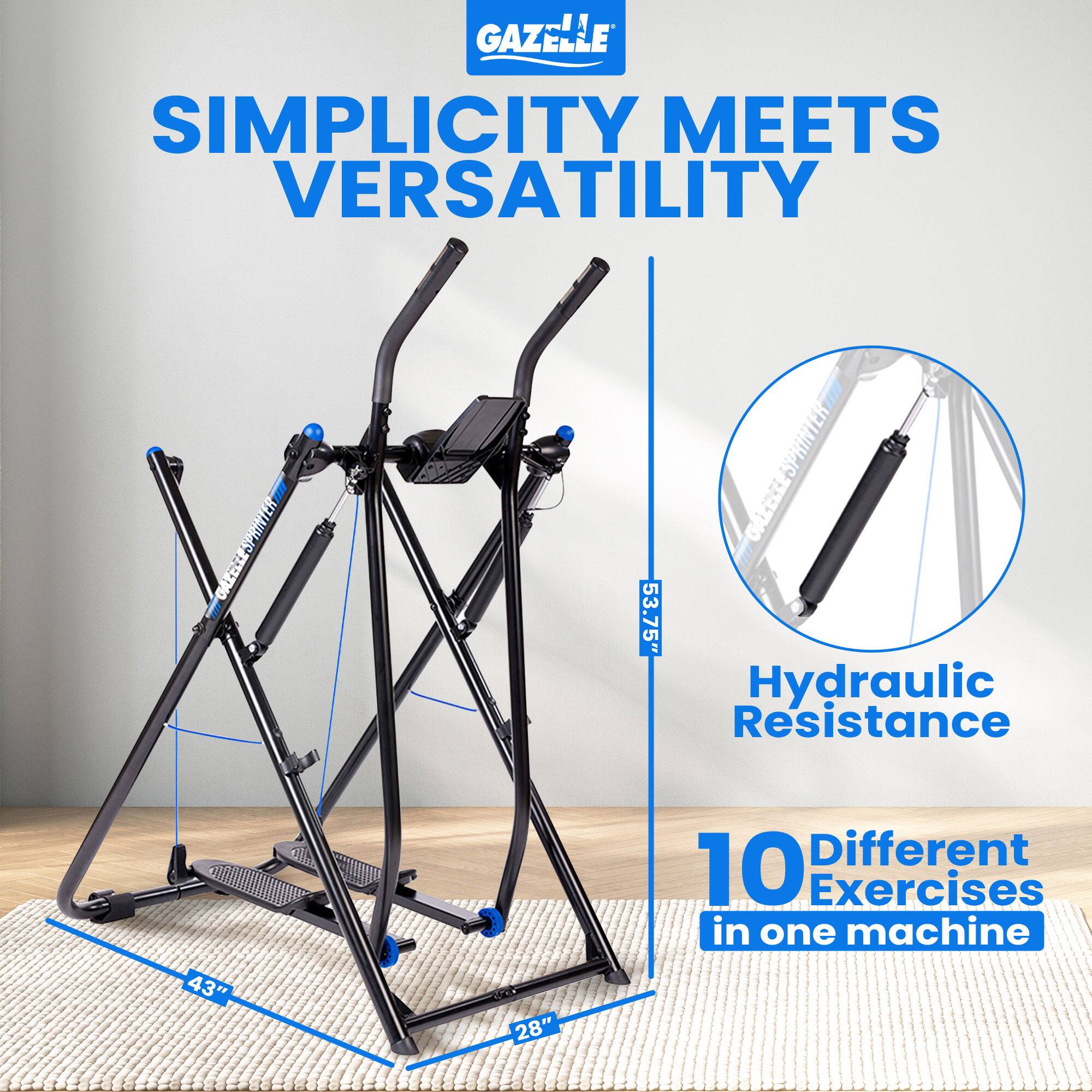 GAZELLE  
SIMPLICITY MEETS VERSATILITY  

53.75" Hydraulic Resistance  
43" - 28"  

10 Different Exercises in one machine