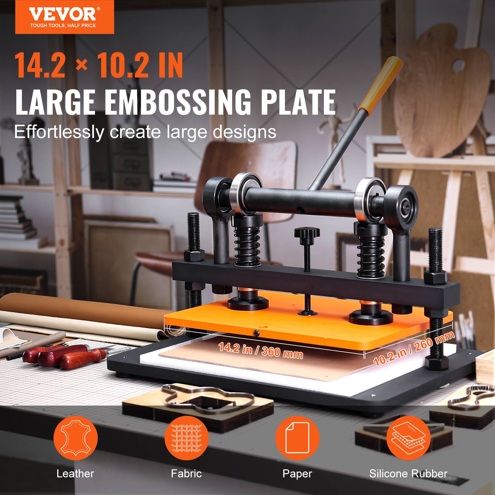 VEVOR TOUGH TOOLS, HALF PRICE

14.2 x 10.2 IN LARGE EMBOSHING PLATE
Effortlessly create large designs

14.2 in / 360 mm
10.2 in / 260 mm

Leather
Fabric
Paper
Silicone Rubber