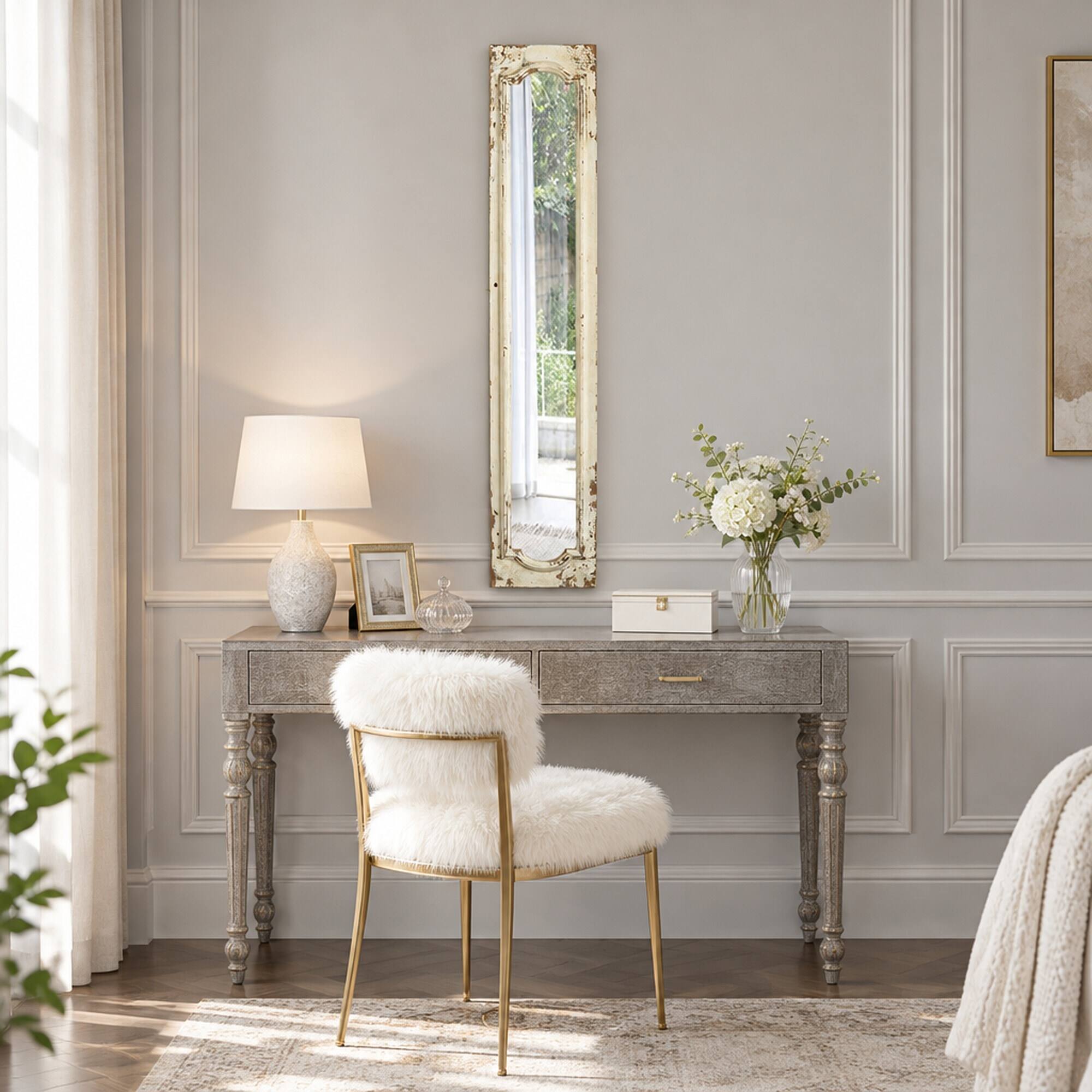 Alt View 2. RYHNUYNE - Distressed White Arched Floor Mirror, 11.8 x 1.6 x 69.3 in, Wood Frame, Leaning Design, Rustic Bedroom Decor - White.