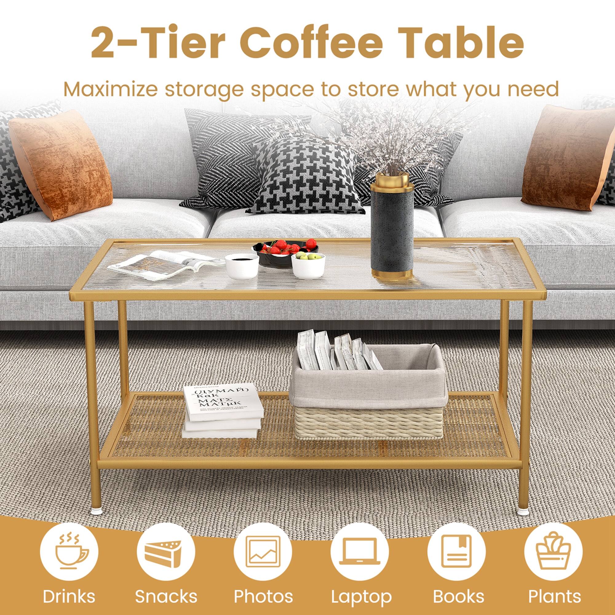 2-Tier Coffee Table

Maximize storage space to store what you need

Drinks  
Snacks  
Photos  
Laptop  
Books  
Plants