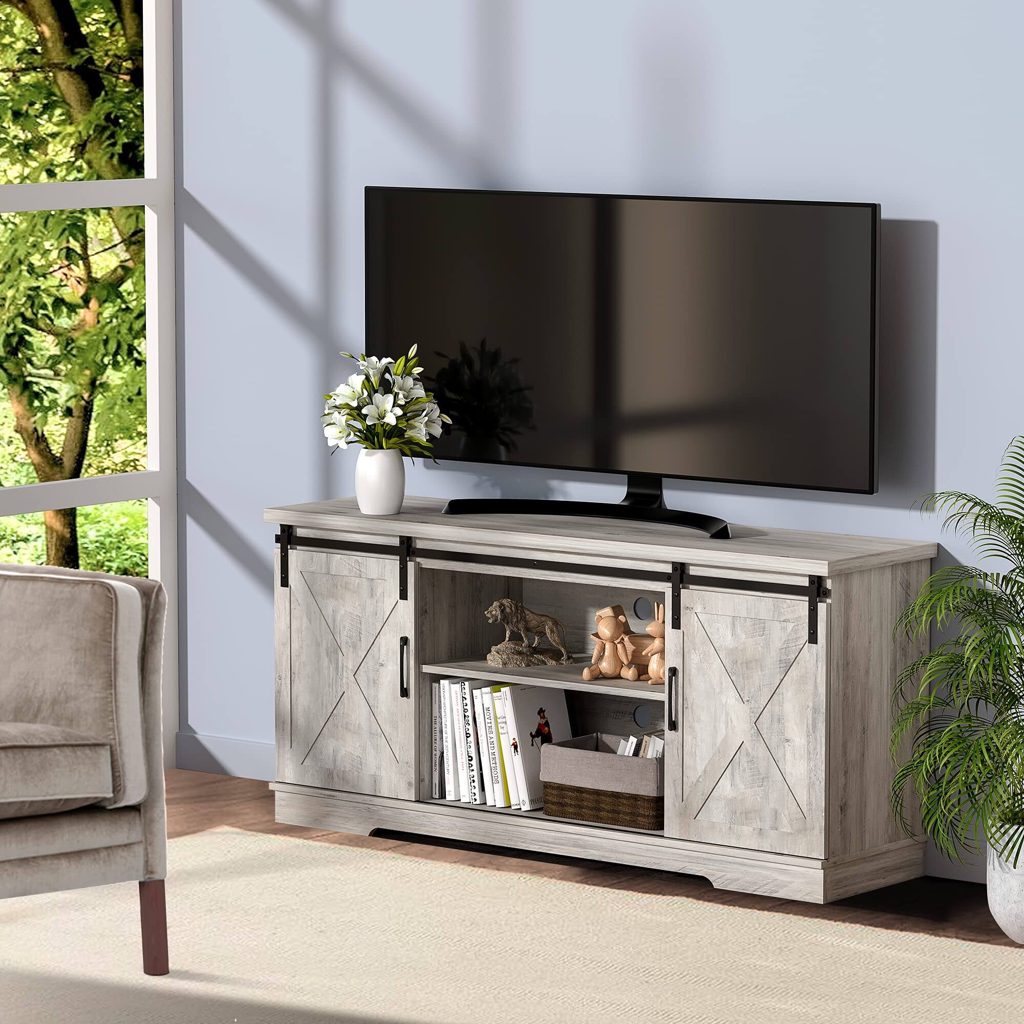Alt View 4. Babevy - Farmhouse TV Stand for Televisions Up to 65 Inches, Modern Entertainment Center with Sliding Barn Door - Grey.