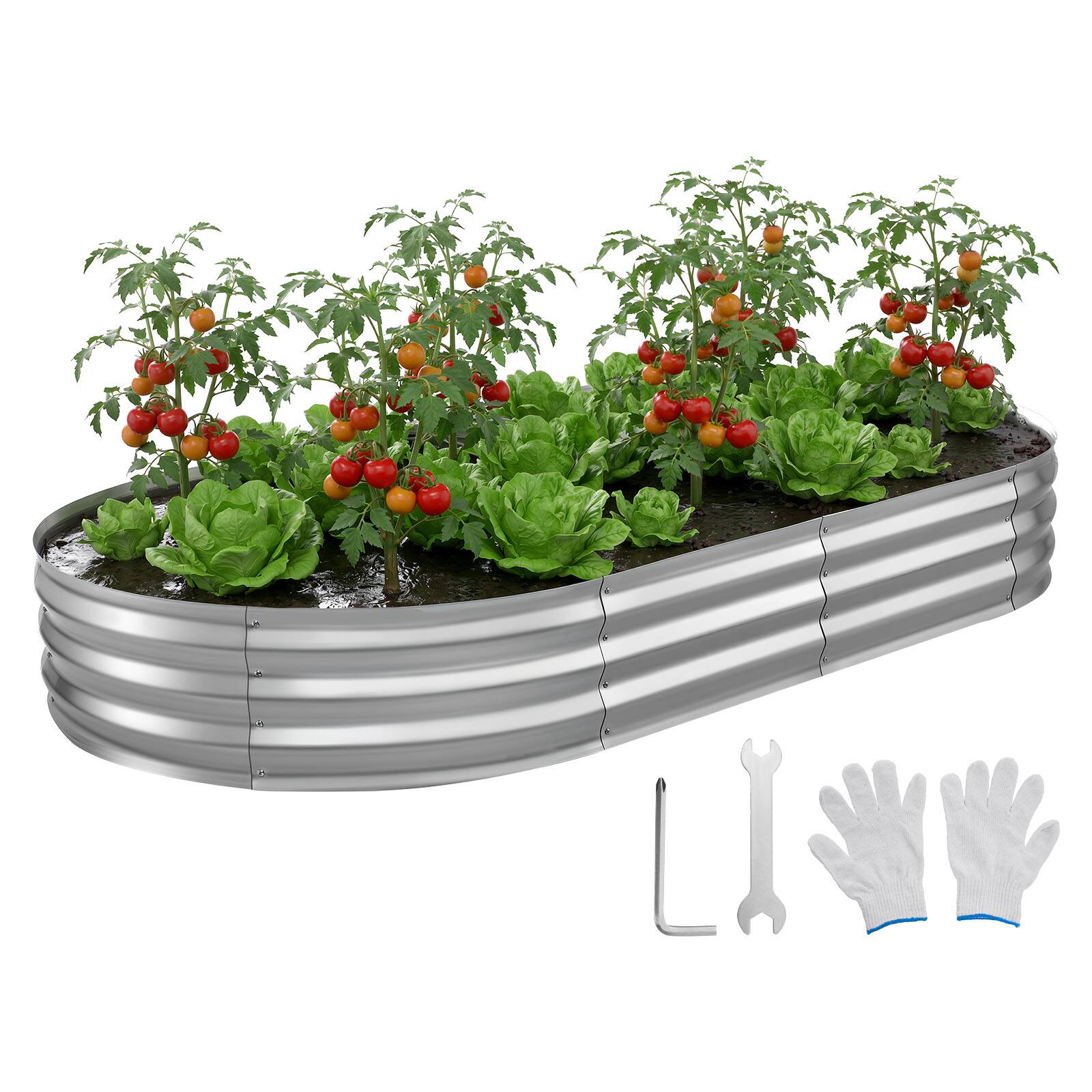Front. VEVOR - Galvanized Raised Garden Bed, 8 x 4 x 1 ft, Oval Metal Planter Box Kit Outdoor, Bottomless Elevated Garden Box - Silver.