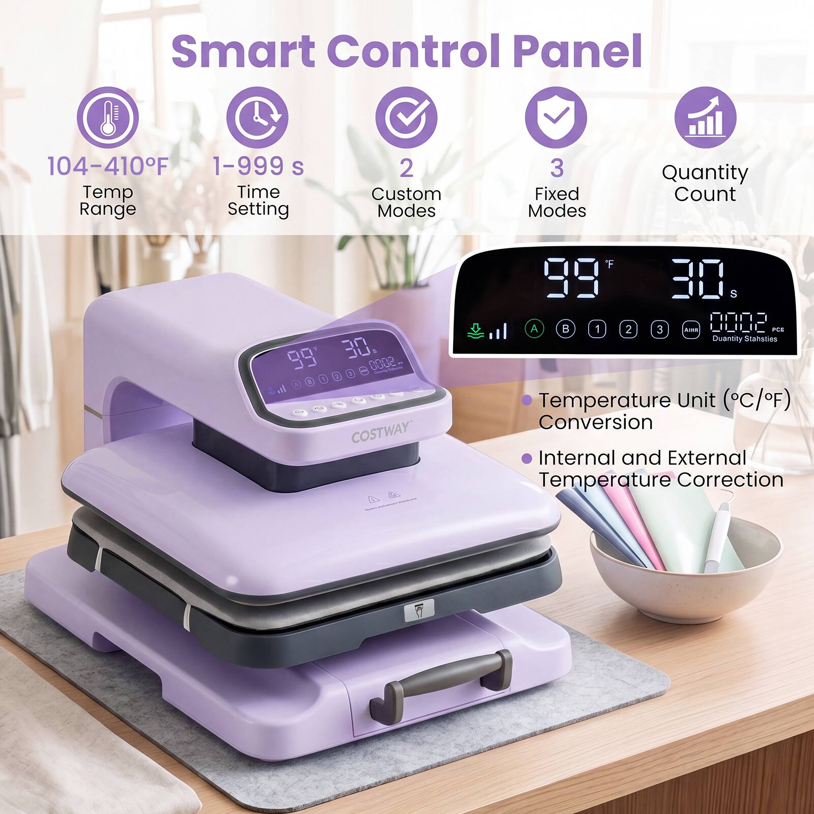 Smart Control Panel  
104-410°F  
1-999 s Temp Time Range Setting  
2 Custom Modes  
3 Fixed Modes  
Quantity Count  
99  
1 1 1 30 0002 3 3  
COSTWAY F 39 30 S A  
1 2 3 AIER 0002  
PES Duantity Stahsties  
Temperature Unit (C/F) Conversion  
Internal and External Temperature Correction