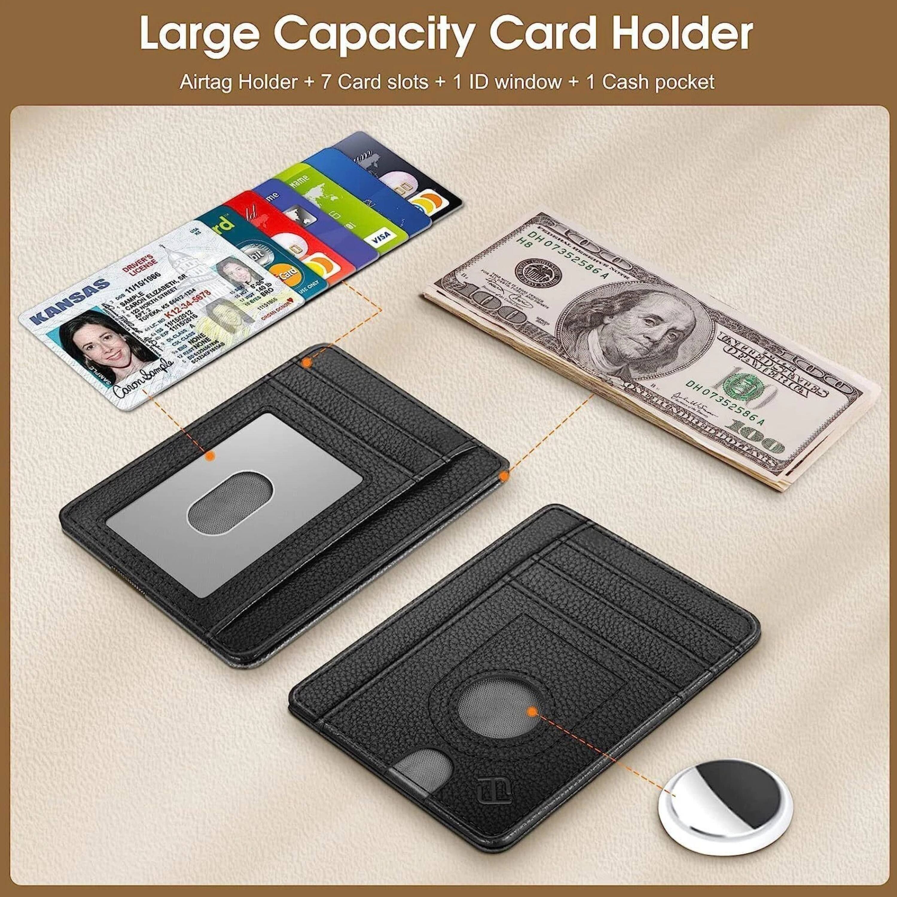 Large Capacity Card Holder  
Airtag Holder + 7 Card slots + 1 ID window + 1 Cash pocket  

KANSAS  
Color Sample  
1234-5678  
EATS  
H ger & Tan  
NOVE  
Cononsomple Sompla  
VISA  
HB  
H07352586A  
TAYEU  
RC  
Shda  
PAVR  
DH07352586A  
14048