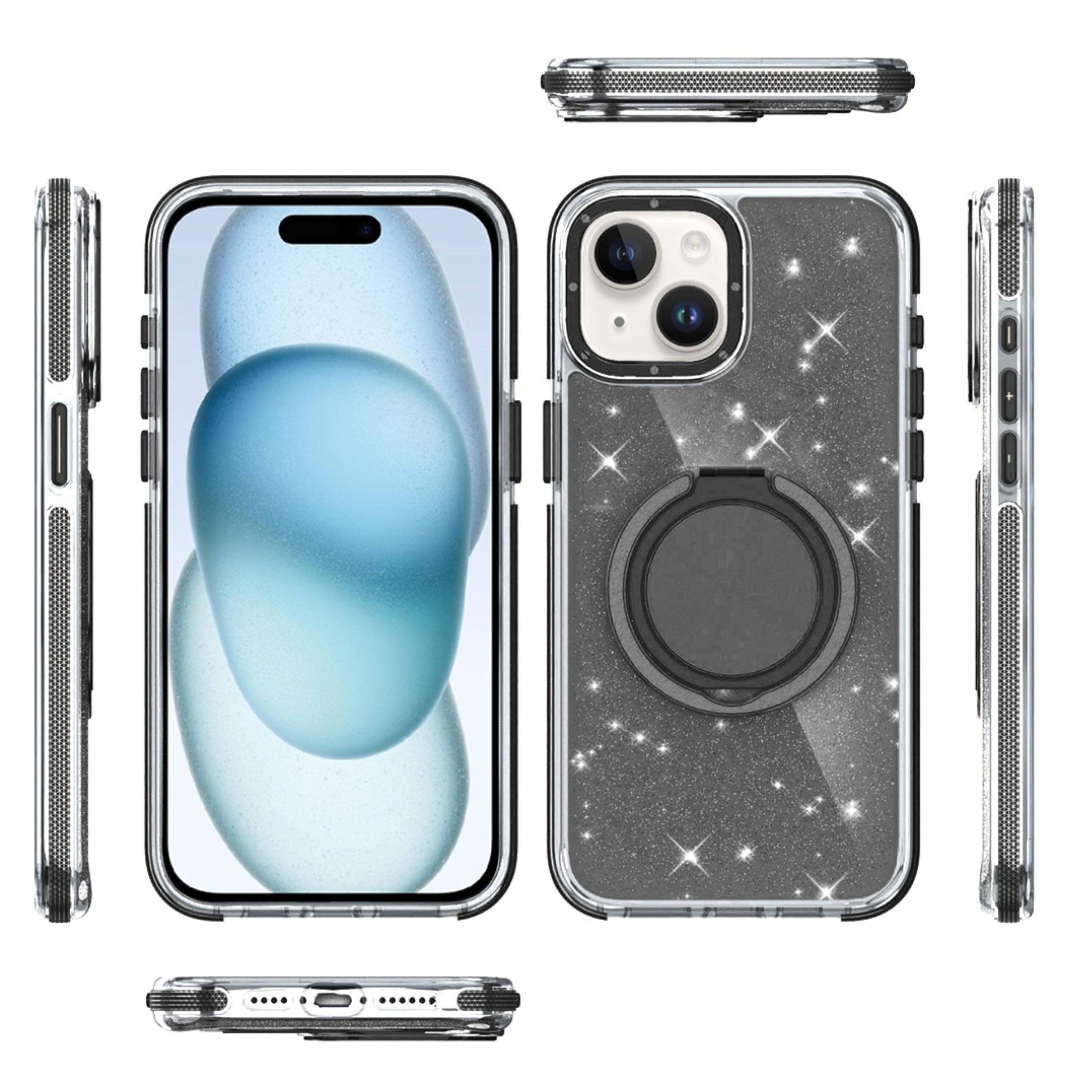 Left. Kitcheniva - Magnetic Circle Stand Full Glitter Phone Case With 2 Pcs Tempered Glass For iPhone 15 Plus Black - Black.