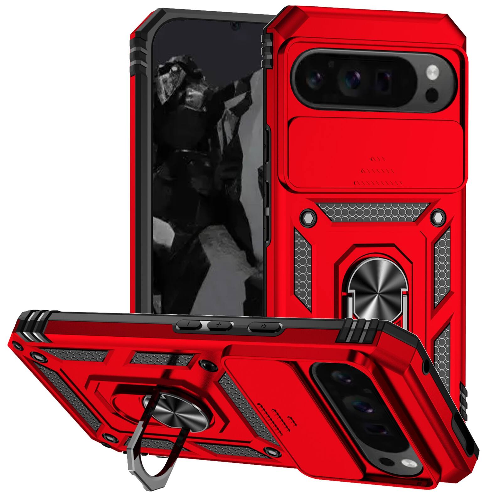Left. UUCOVER - Rugged Protective Case for Google Pixel 10 Pro XL,Shockproof TPU+PC Case Slide Camera Cover Ring Holder Stand Cover - Red.