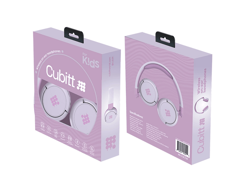Cubitt  
Wireless on-ear headphones  
For Kids  

cubittworld.com  

Specifications:  
- Audio: Bluetooth 4.2  
- Frequency Response: 20Hz-20kHz  
- Sensitivity: 100dB  
- Battery Life: Up to 10 hours  
- Charging Time: 2 hours  
- Weight: 150g  

- Bluetooth  
- Microphone  
- Volume Control  
- Play/Pause  
- Call Answer/End  
- Power Indicator  

Cubitt  
Wireless on-ear headphones  

Specifications:  
- Audio: Bluetooth 4.2  
- Frequency Response: 20Hz-20kHz  
- Sensitivity: 100dB  
- Battery Life: Up to 10 hours  
- Charging Time: 2 hours  
- Weight: 150g  

- Bluetooth  
- Microphone  
- Volume Control  
- Play/Pause  
- Call Answer/End  
- Power Indicator
