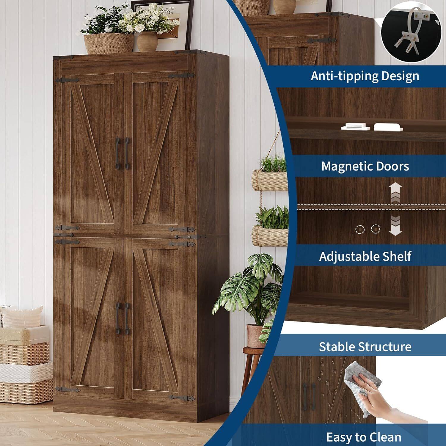 - Anti-tipping Design
- Magnetic Doors
- Adjustable Shelf
- Stable Structure
- Easy to Clean