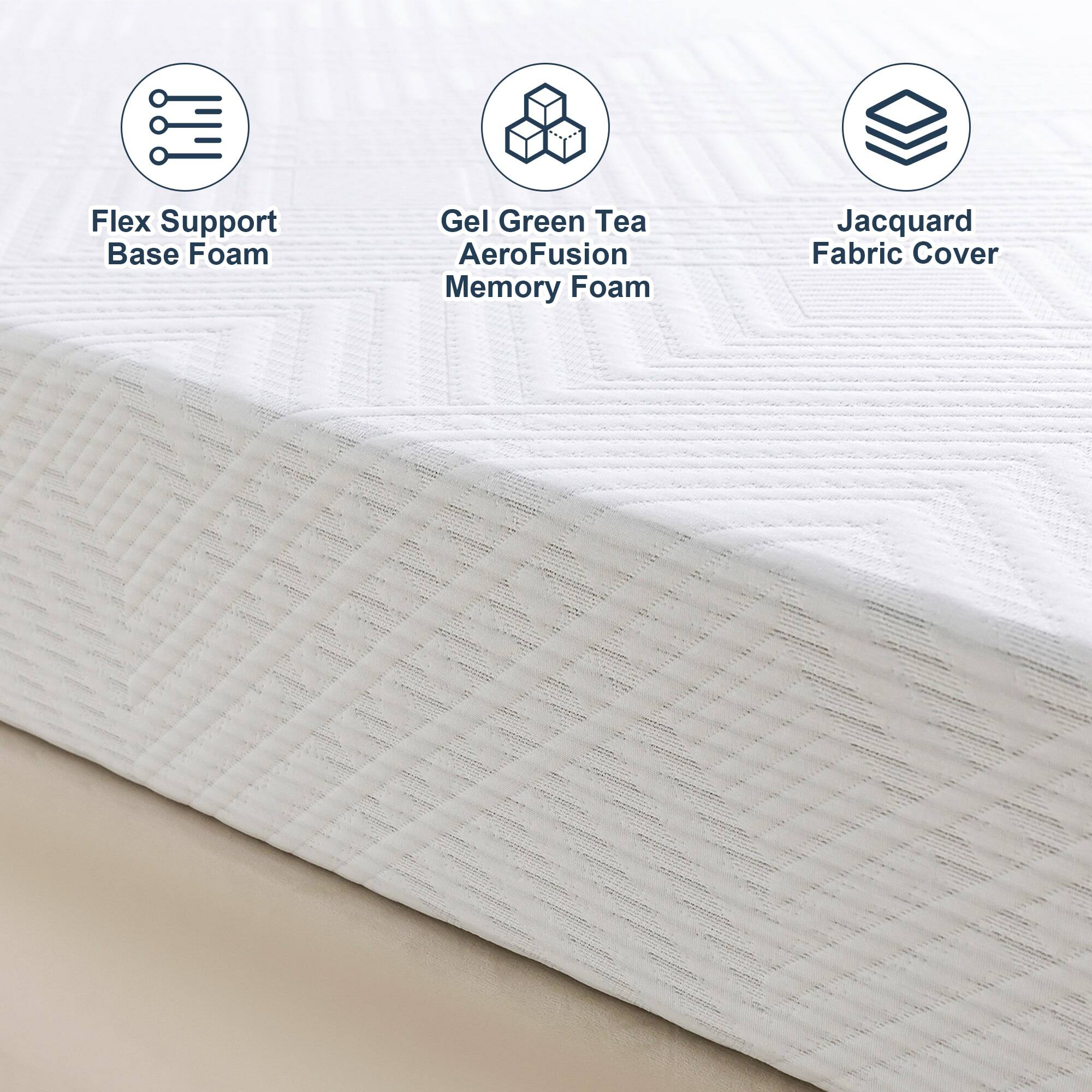 Flex Support Base Foam, Gel Green Tea AeroFusion Memory Foam, Jacquard Fabric Cover