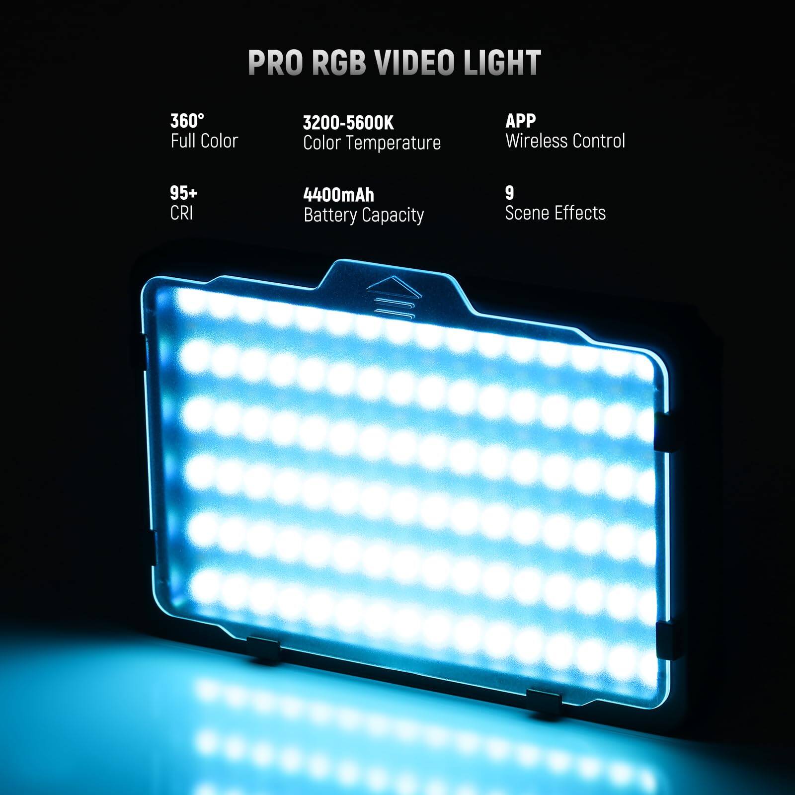 PRO RGB VIDEO LIGHT

- 360° Full Color
- 3200-5600K Color Temperature
- 95+ CRI
- 4400mAh Battery Capacity
- APP Wireless Control
- 9 Scene Effects