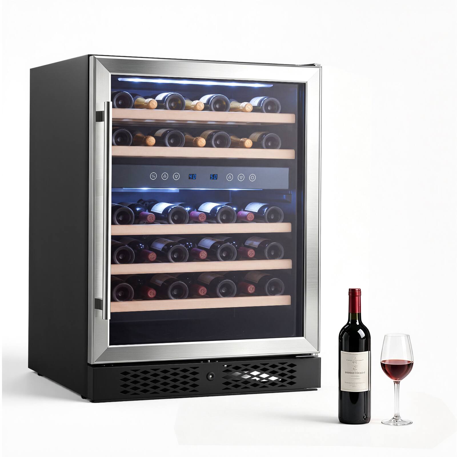 Front. VEVOR - 24 inch Wine Fridge 46-Bottle Wine Cooler Refrigerator for Home Bar, Dual Zone, Built-in or Freestanding Compressor Wine - Black;Silver.