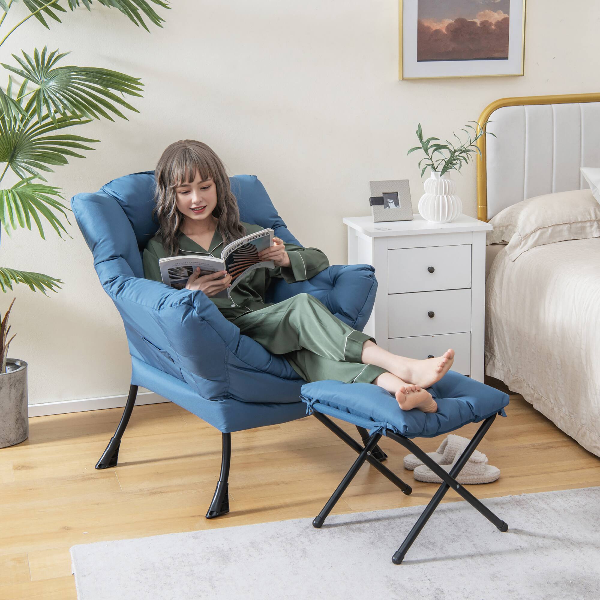 Alt View 3. Gymax - Gymax Lazy Sofa Chair Accent Leisure Armchair with Folding Footrest & Storage Pocket Blue - Blue.