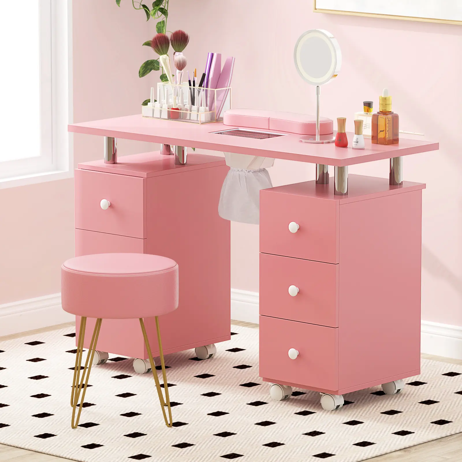 Alt View 3. Costway - Costway Rolling Manicure Table Nail Desk with with 8 Lockable Wheels & Electric Dust Collector 3 Dust Bags Wrist Rest - Pink.