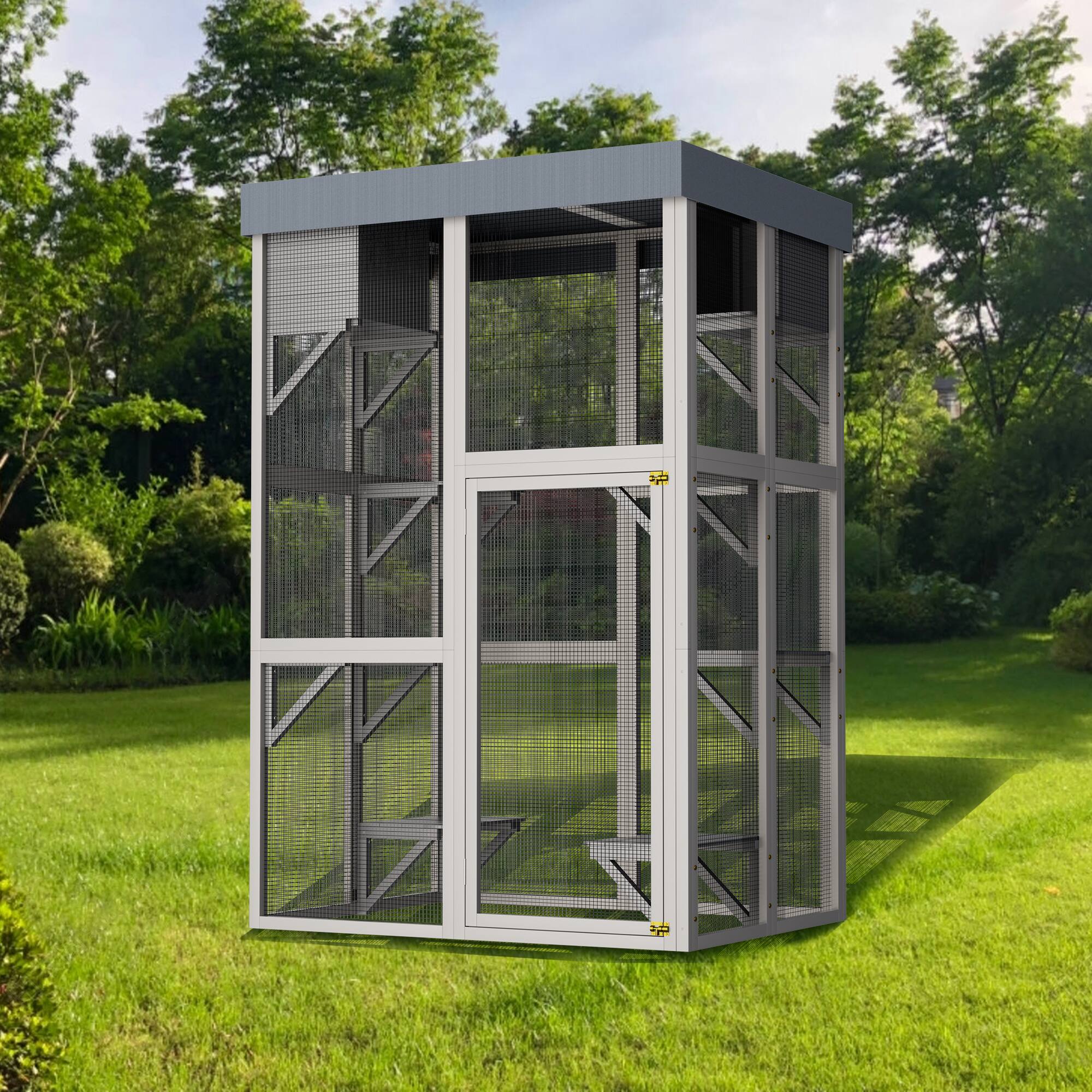 Alt View 9. Siljoy - 70.5" Tall Gray Catio with Removable Tarp, 6 Platforms & 2 Napping Houses, Outdoor Cat Enclosure.