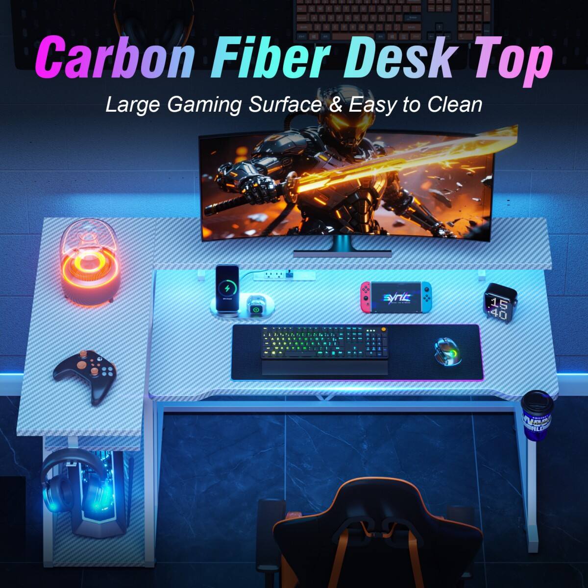 Carbon Fiber Desk Top  
Large Gaming Surface & Easy to Clean
