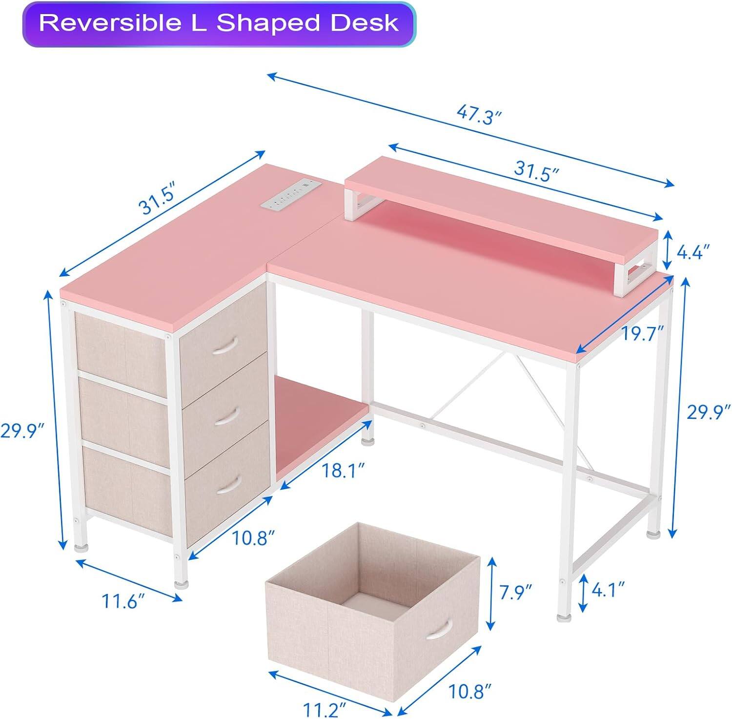 Reversible L Shaped Desk

- Length: 47.3"
- Width: 31.5"
- Depth: 31.5"
- Height: 4.4"
- Drawer Height: 19.7"
- Cabinet Height: 29.9"
- Drawer Width: 18.1"
- Drawer Depth: 10.8"
- Cabinet Width: 11.6"
- Cabinet Depth: 7.9"
- Shelf Height: 4.1"
- Shelf Width: 11.2"
- Shelf Depth: 10.8"
