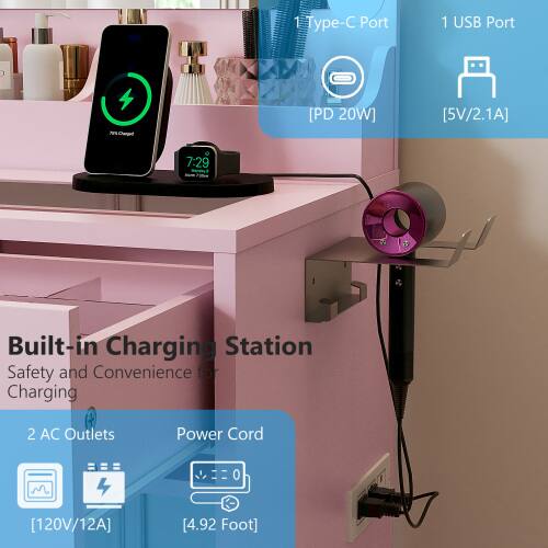 1. Type-C Port [PD 20W]  
2. 1 USB Port [5V/2.1A]  
3. Built-in Charging Station  
4. Safety and Convenience for Charging  
5. 2 AC Outlets [120V/12A]  
6. Power Cord [4.92 Foot]