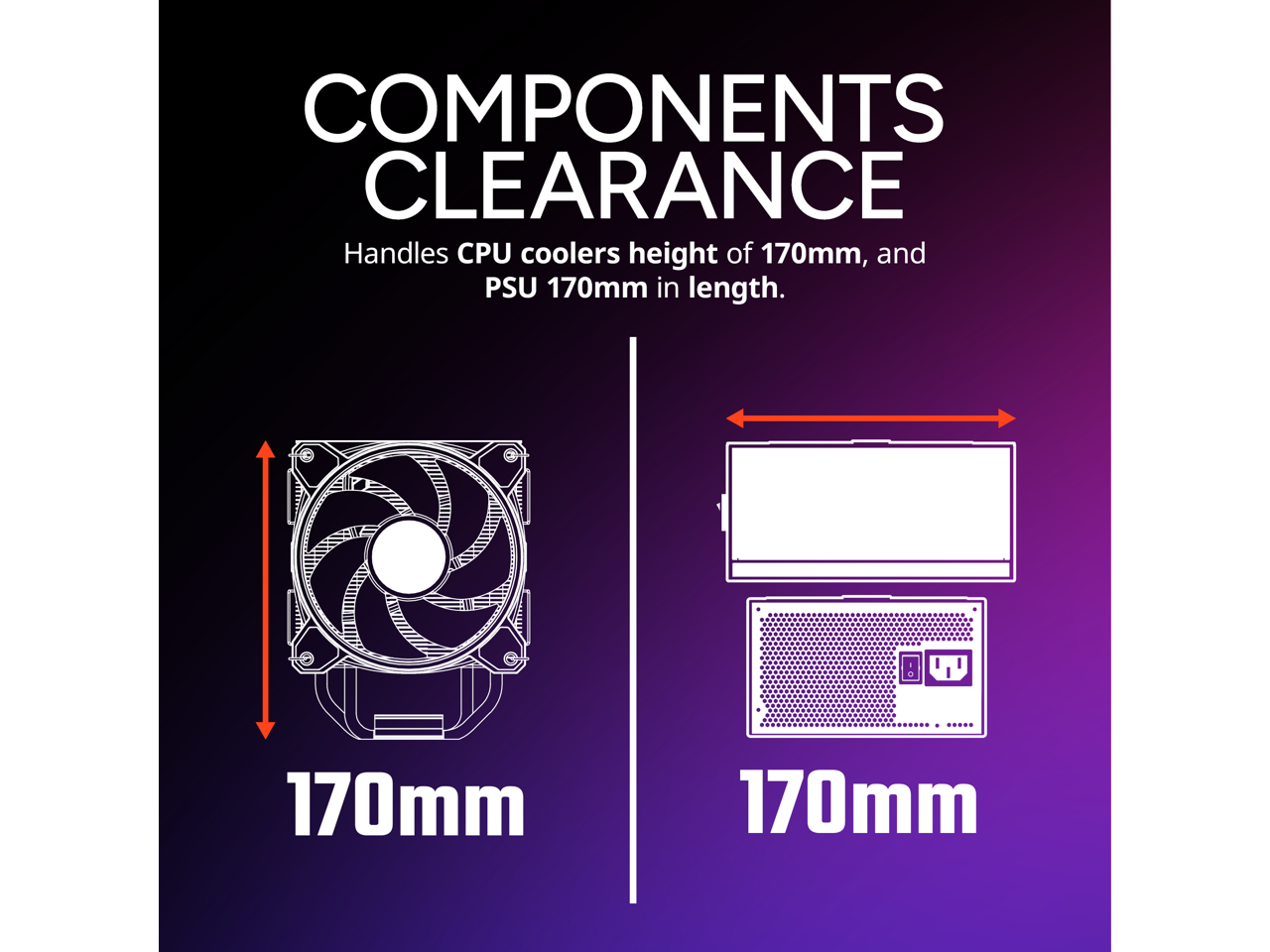 COMPONENTS CLEARANCE

Handles CPU coolers height of 170mm, and PSU 170mm in length.

170mm

170mm