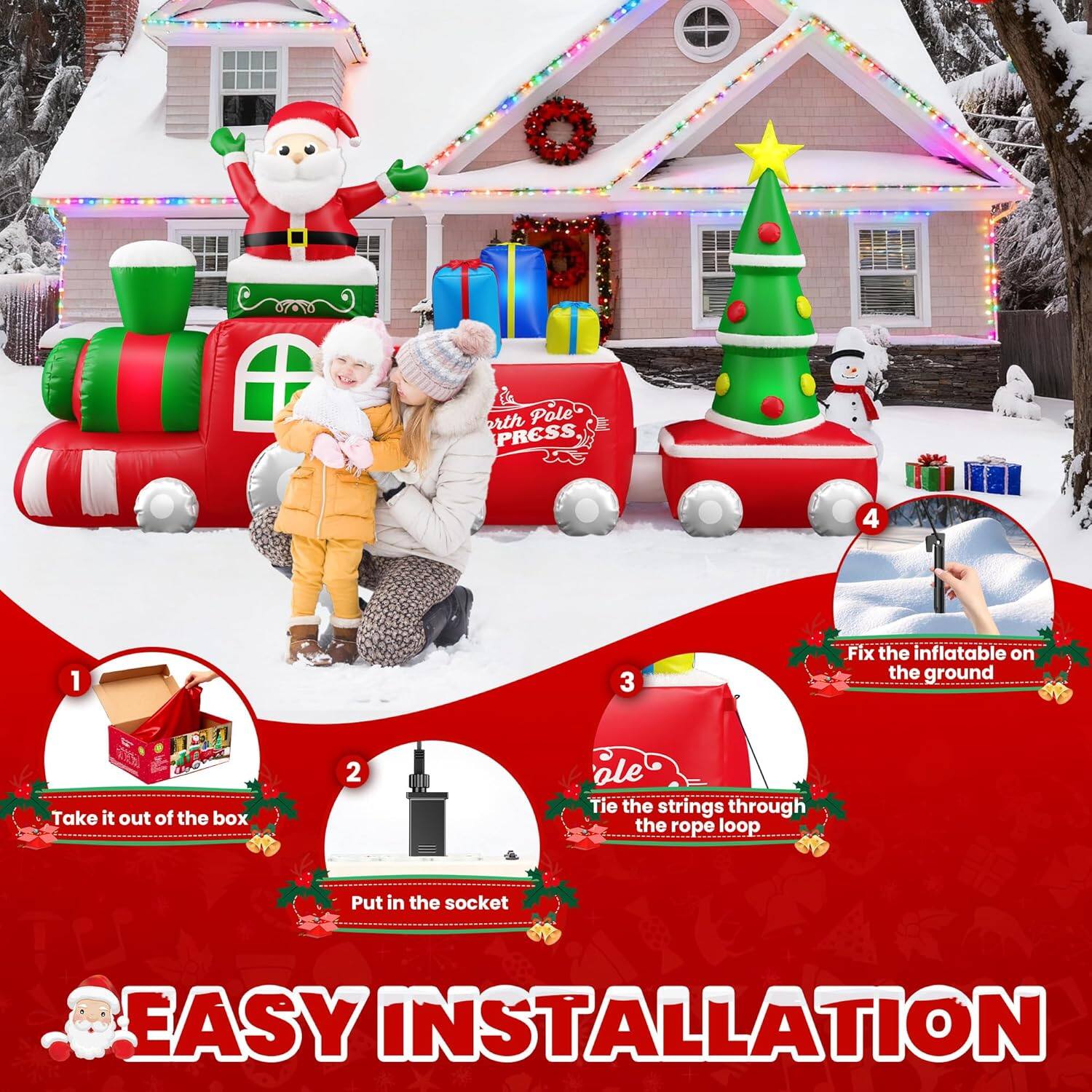 1. Take it out of the box
2. Put in the socket
3. Tie the strings through the rope loop
4. Fix the inflatable on the ground

EASY INSTALLATION