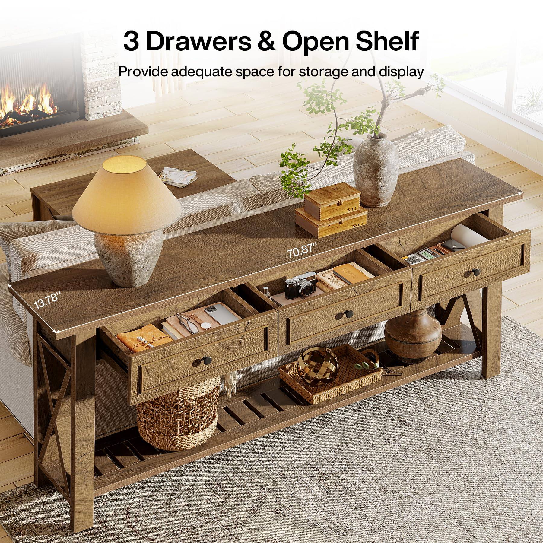 3 Drawers & Open Shelf  
Provide adequate space for storage and display  

13.78"  
70.87"