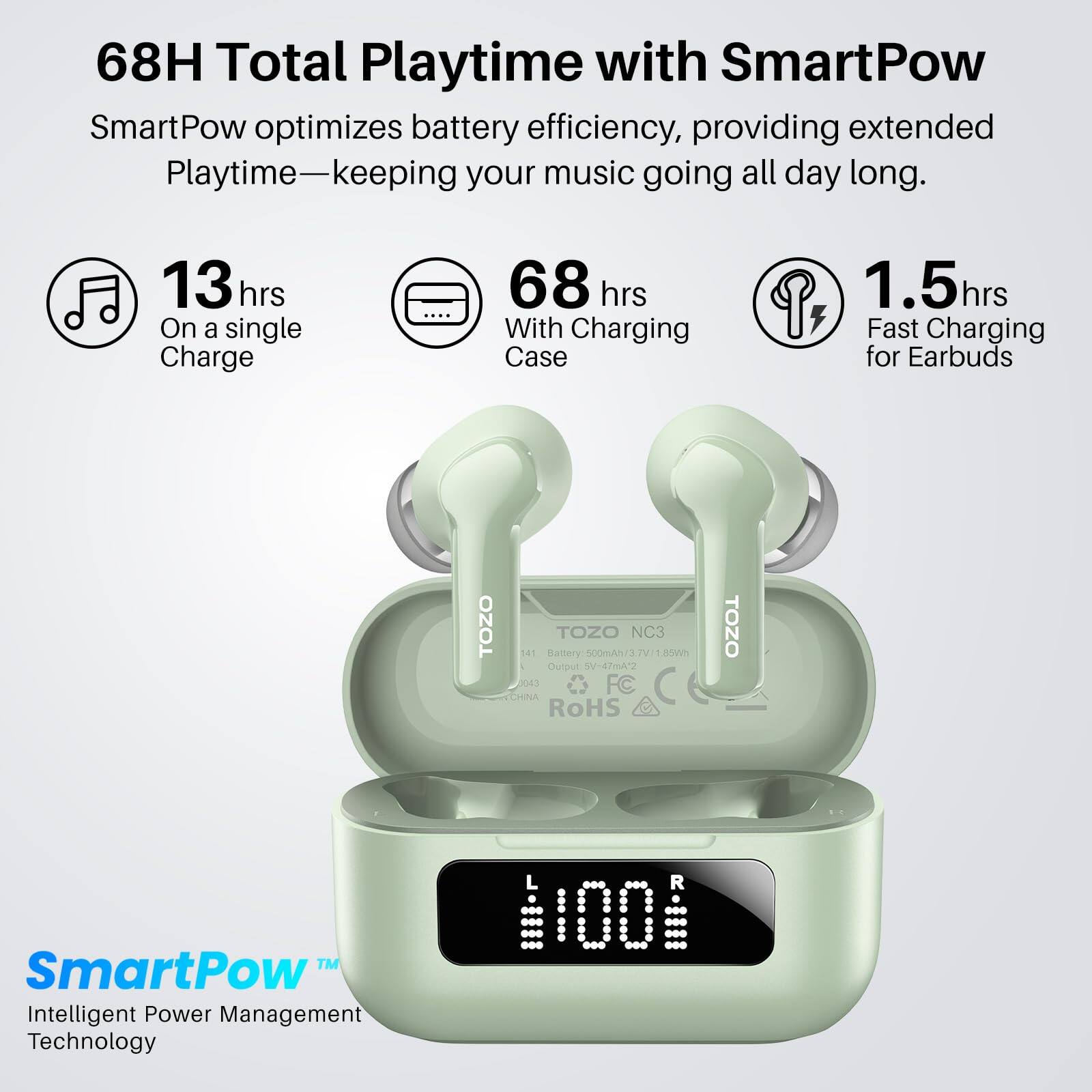 68H Total Playtime with SmartPow

SmartPow optimizes battery efficiency, providing extended Playtime—keeping your music going all day long.

- 13 hrs On a single Charge
- 68 hrs With Charging Case
- 1.5 hrs Fast Charging for Earbuds

SmartPow™ Intelligent Power Management Technology