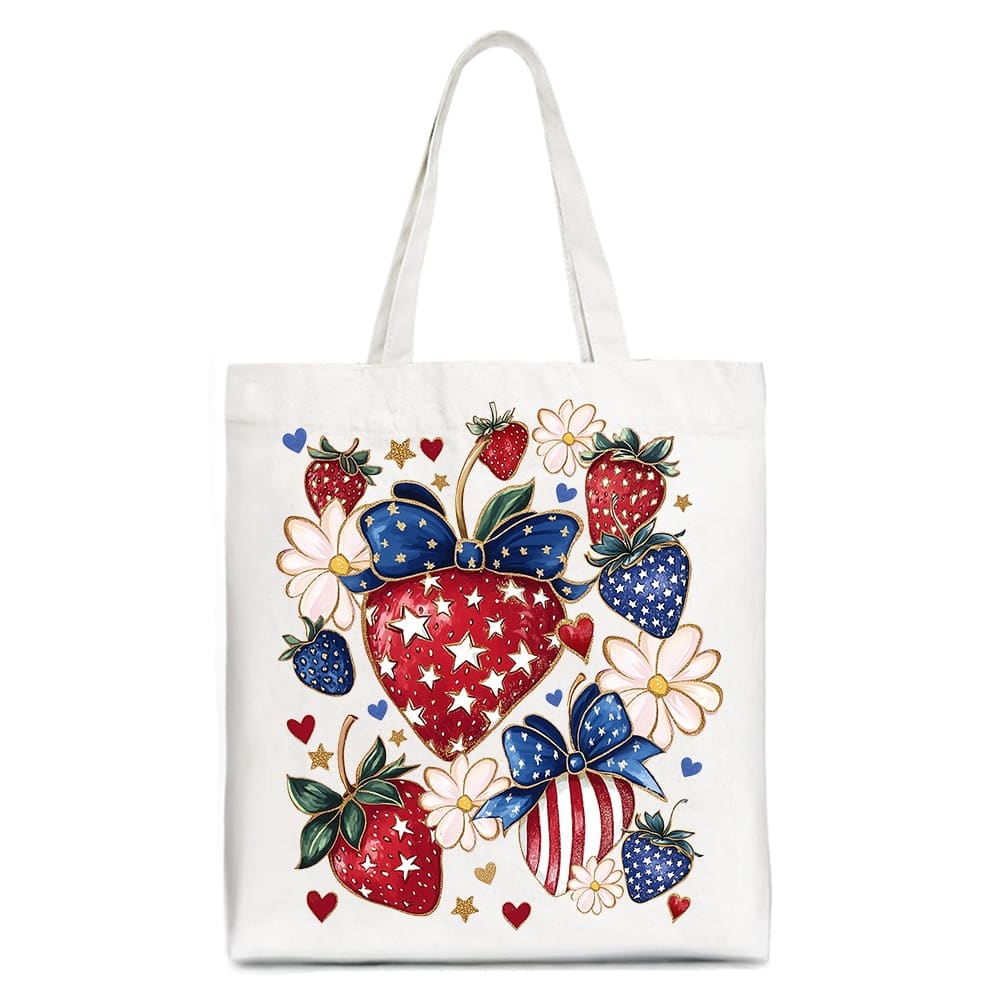 OrnamentallyYou - Patriotic Boho Strawberries Bouquet Canvas Tote Bag, 4th of July Festive Patch Gift - White
